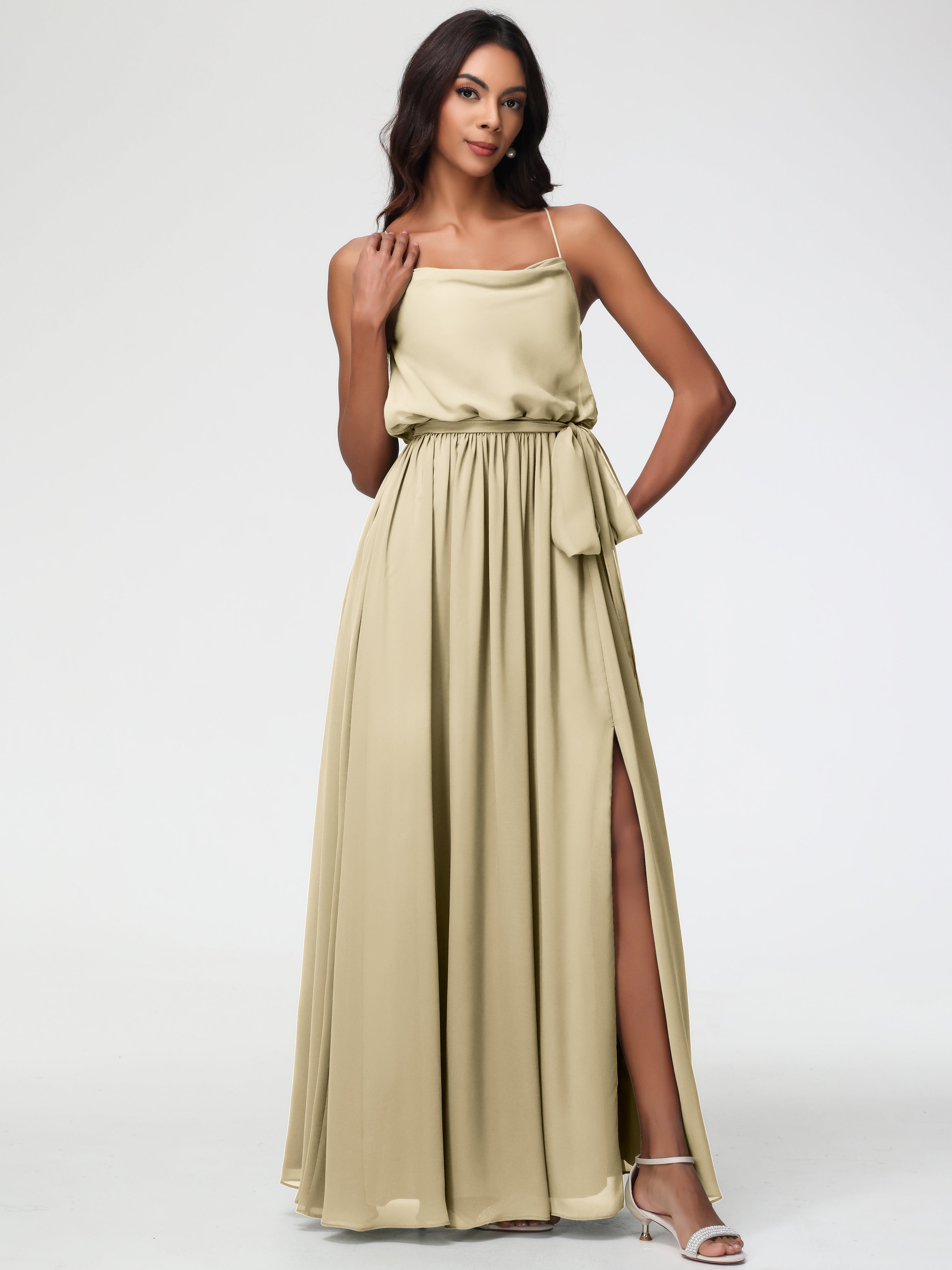 A-Line Cowl Spaghetti Straps Sleeveless Long Split Chiffon Bridesmaid Dresses