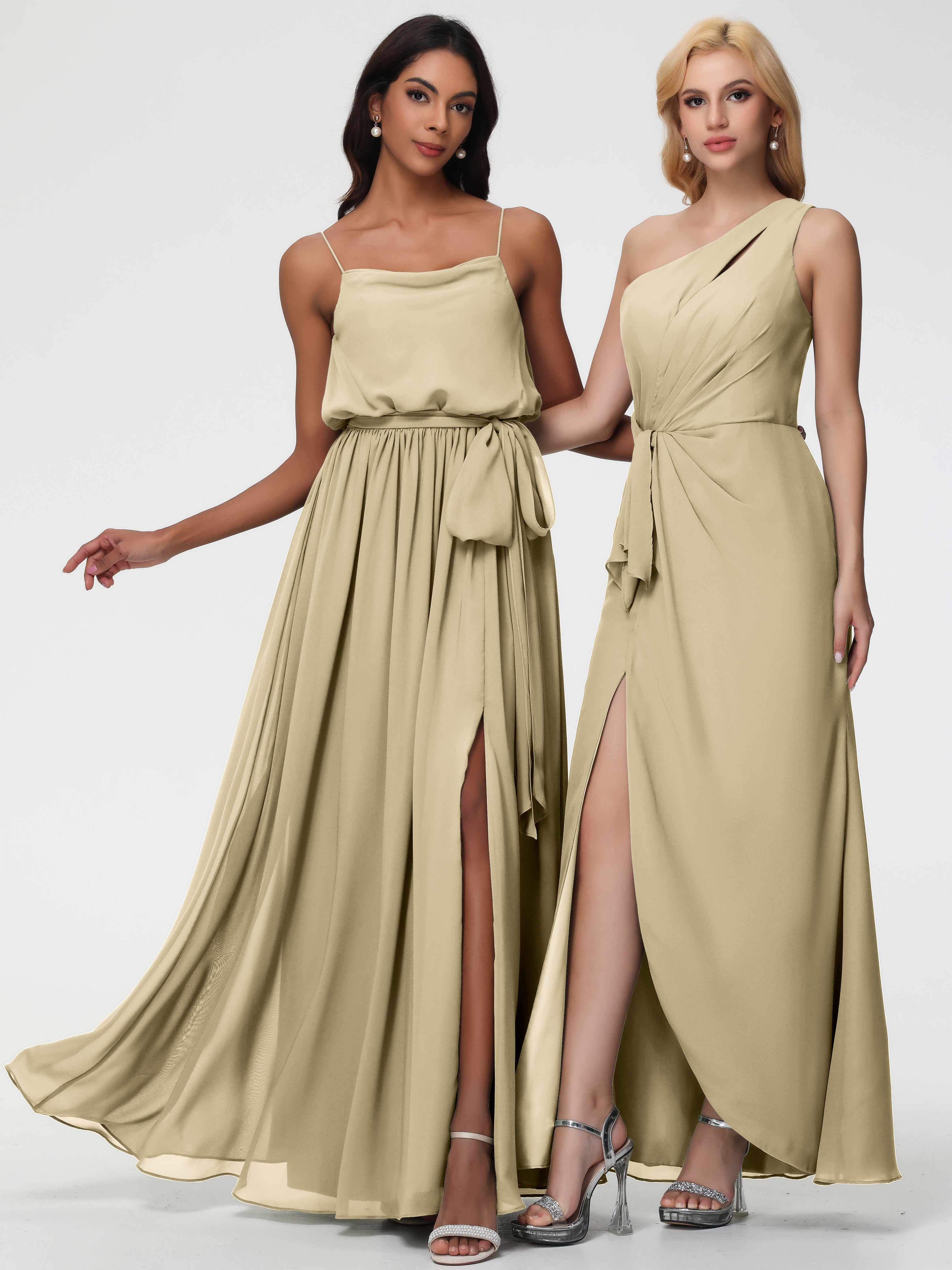 A-Line Cowl Spaghetti Straps Sleeveless Long Split Chiffon Bridesmaid Dresses