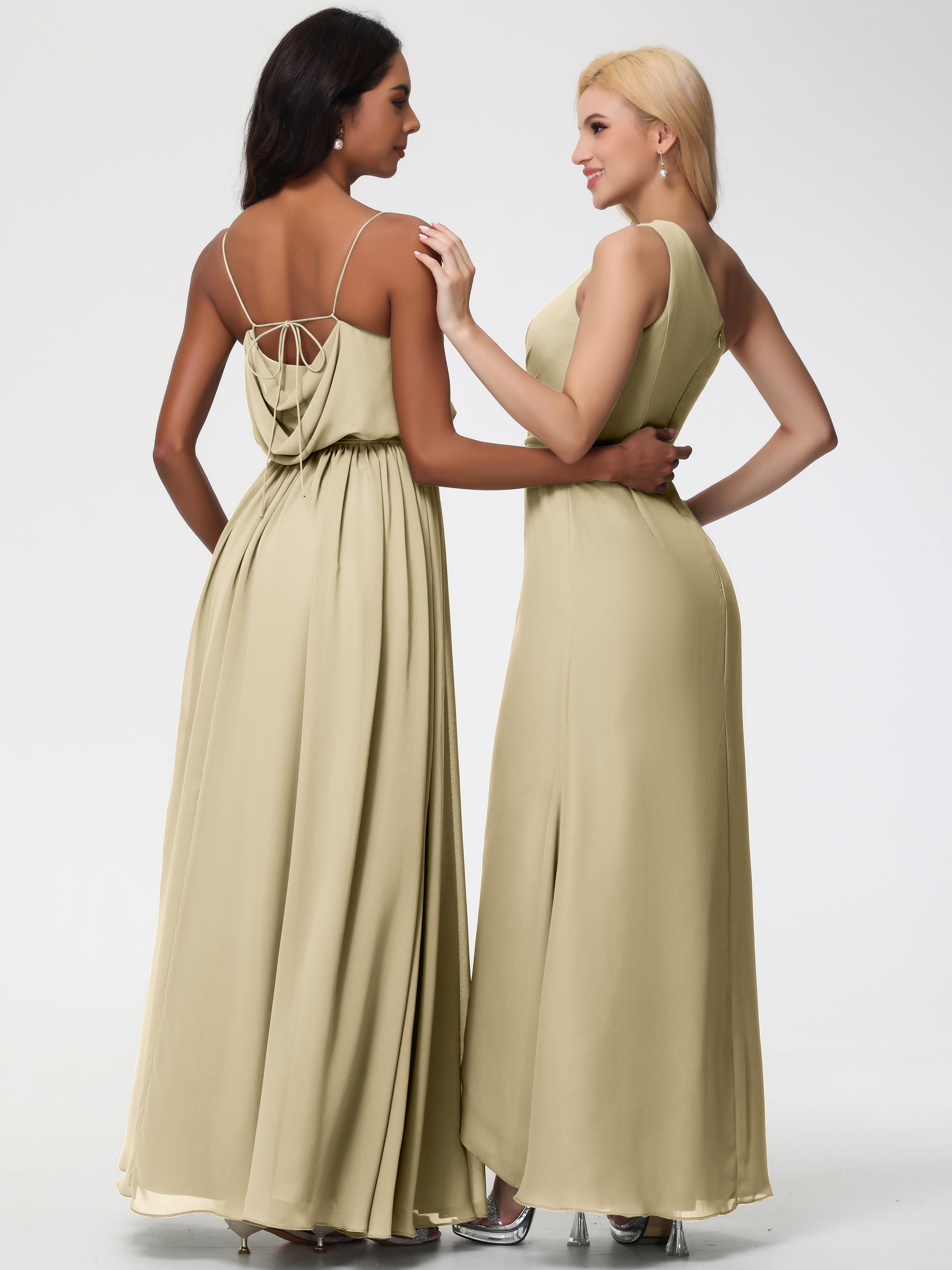 A-Line Cowl Spaghetti Straps Sleeveless Long Split Chiffon Bridesmaid Dresses