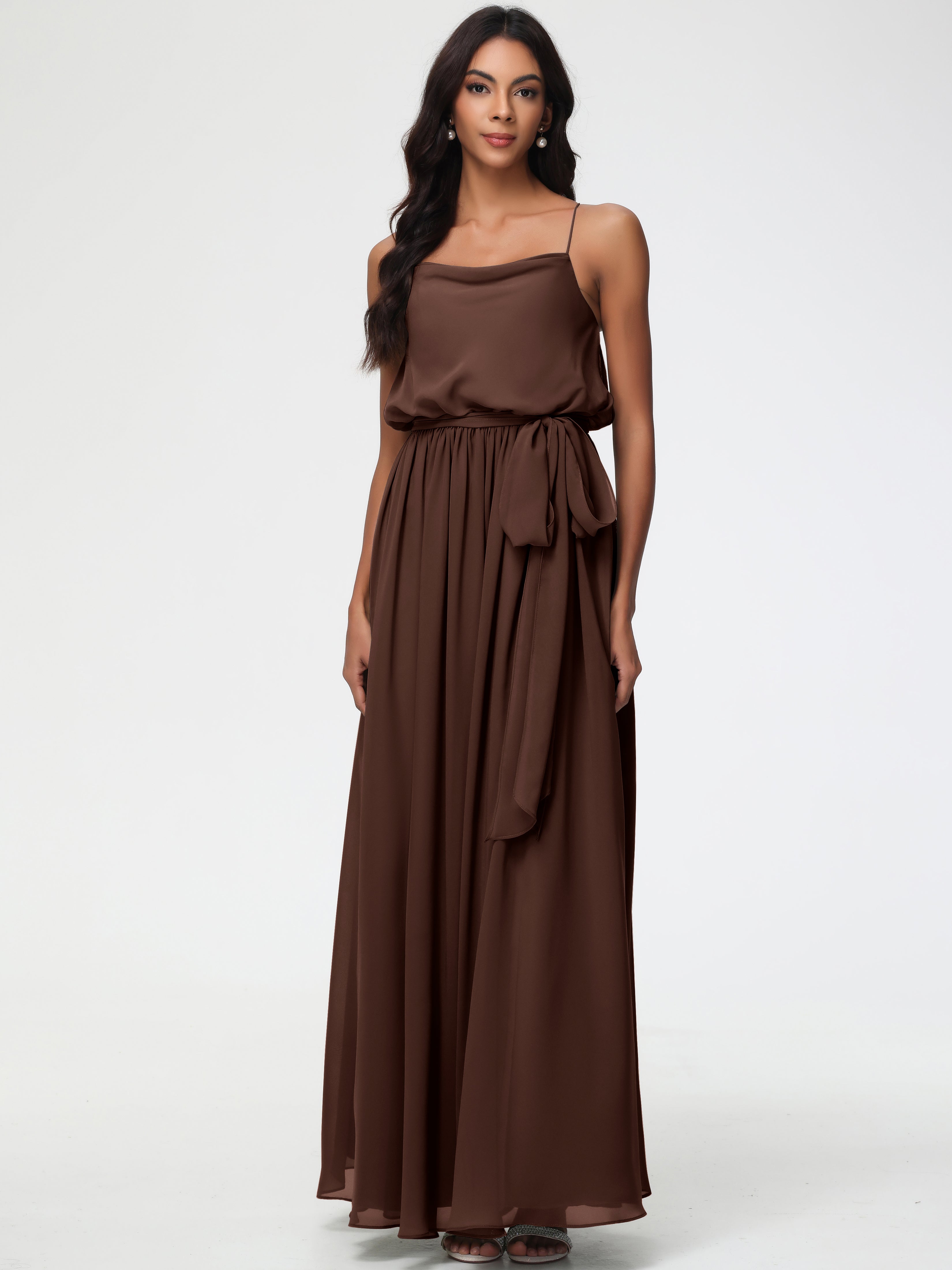 A-Line Cowl Spaghetti Straps Sleeveless Long Split Chiffon Bridesmaid Dresses