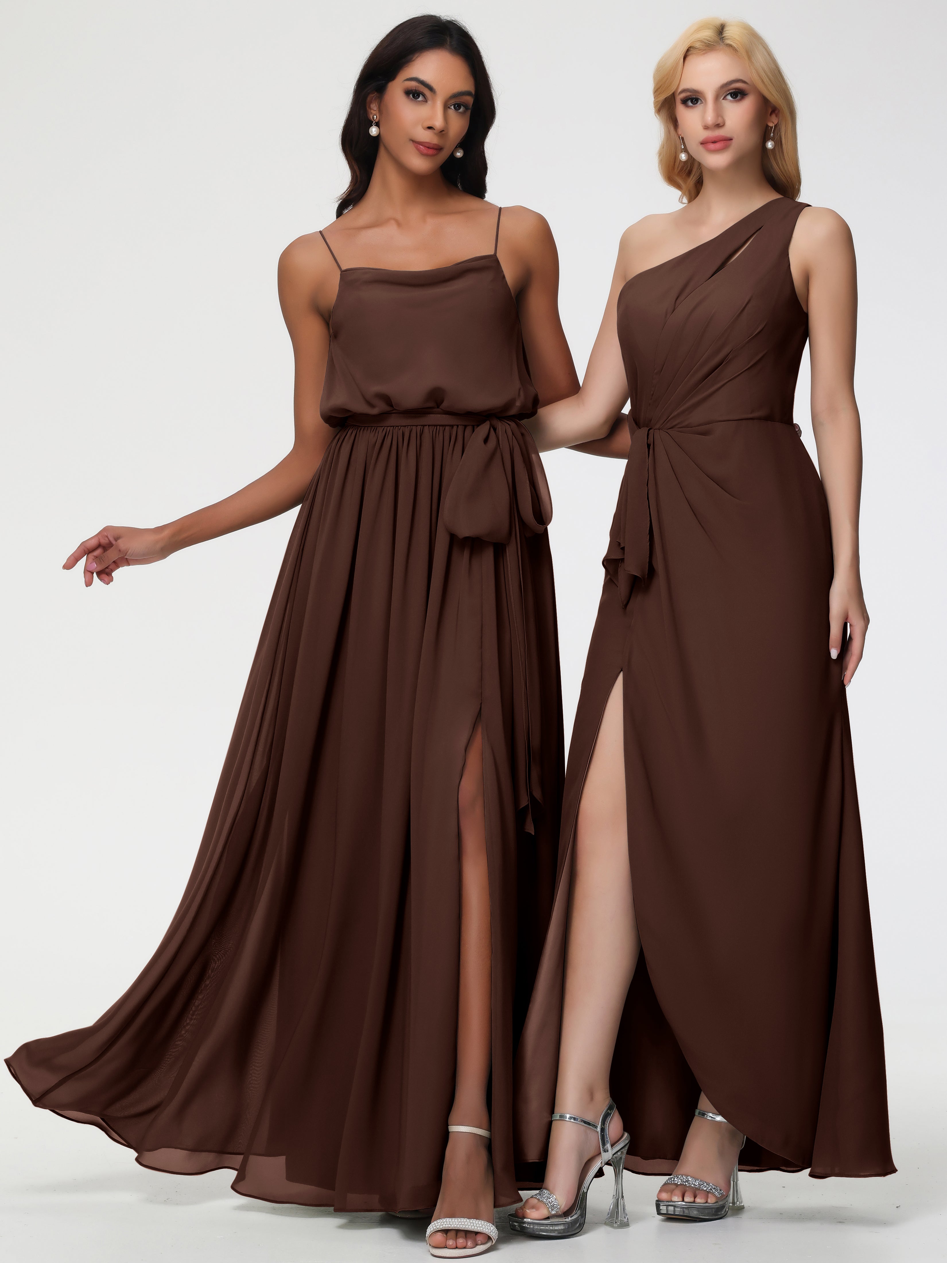 A-Line Cowl Spaghetti Straps Sleeveless Long Split Chiffon Bridesmaid Dresses