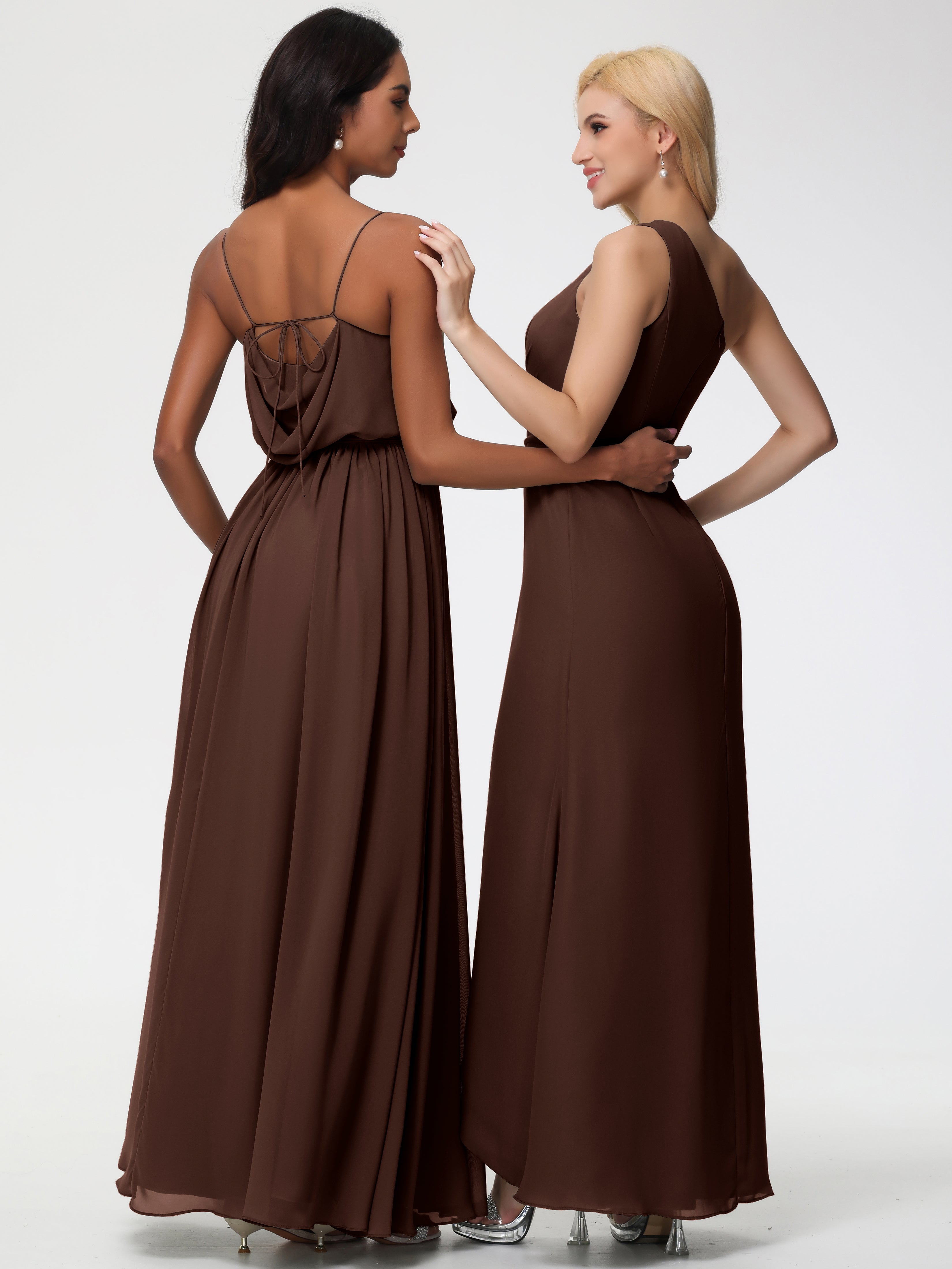 A-Line Cowl Spaghetti Straps Sleeveless Long Split Chiffon Bridesmaid Dresses