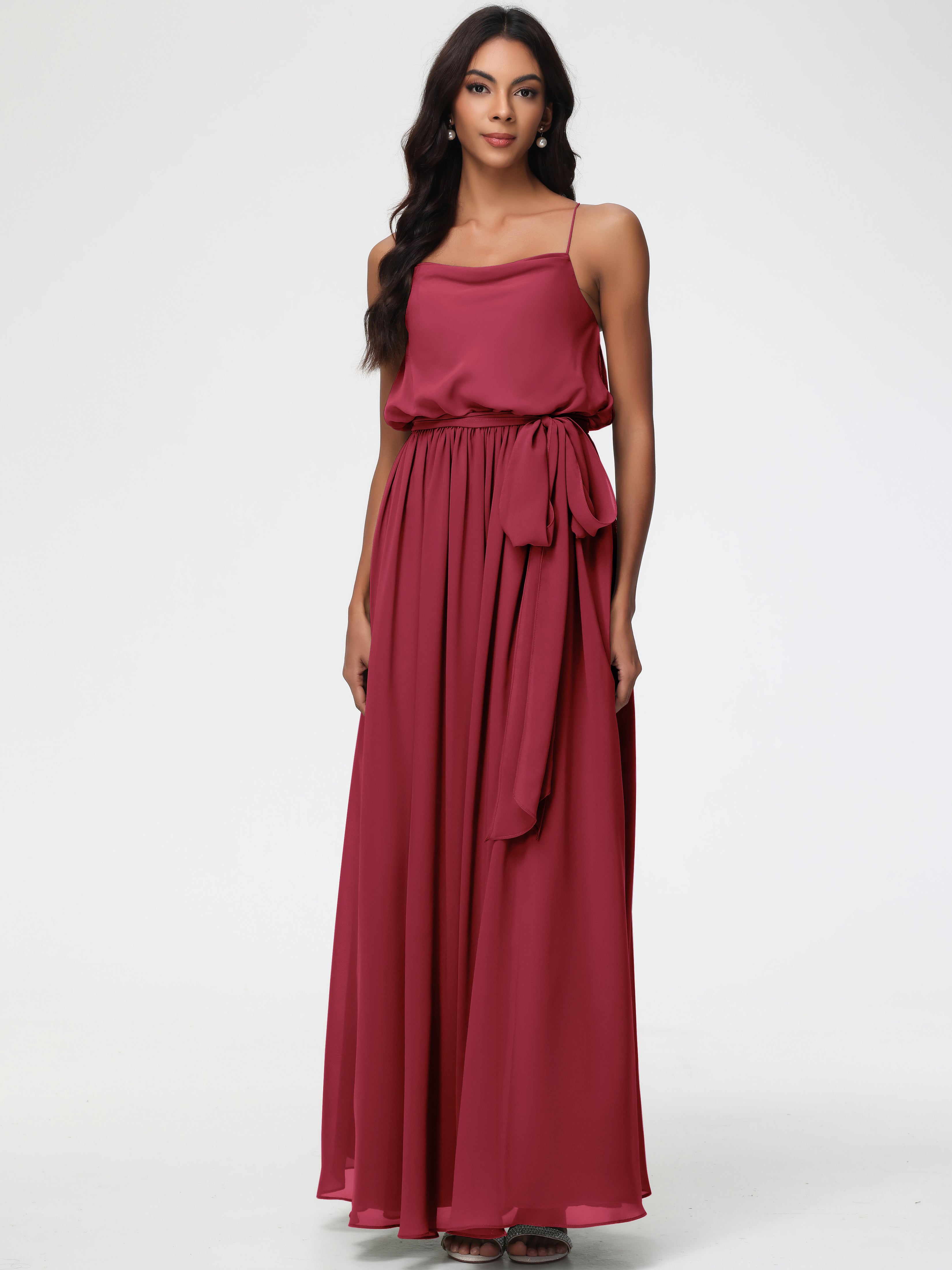 A-Line Cowl Spaghetti Straps Sleeveless Long Split Chiffon Bridesmaid Dresses