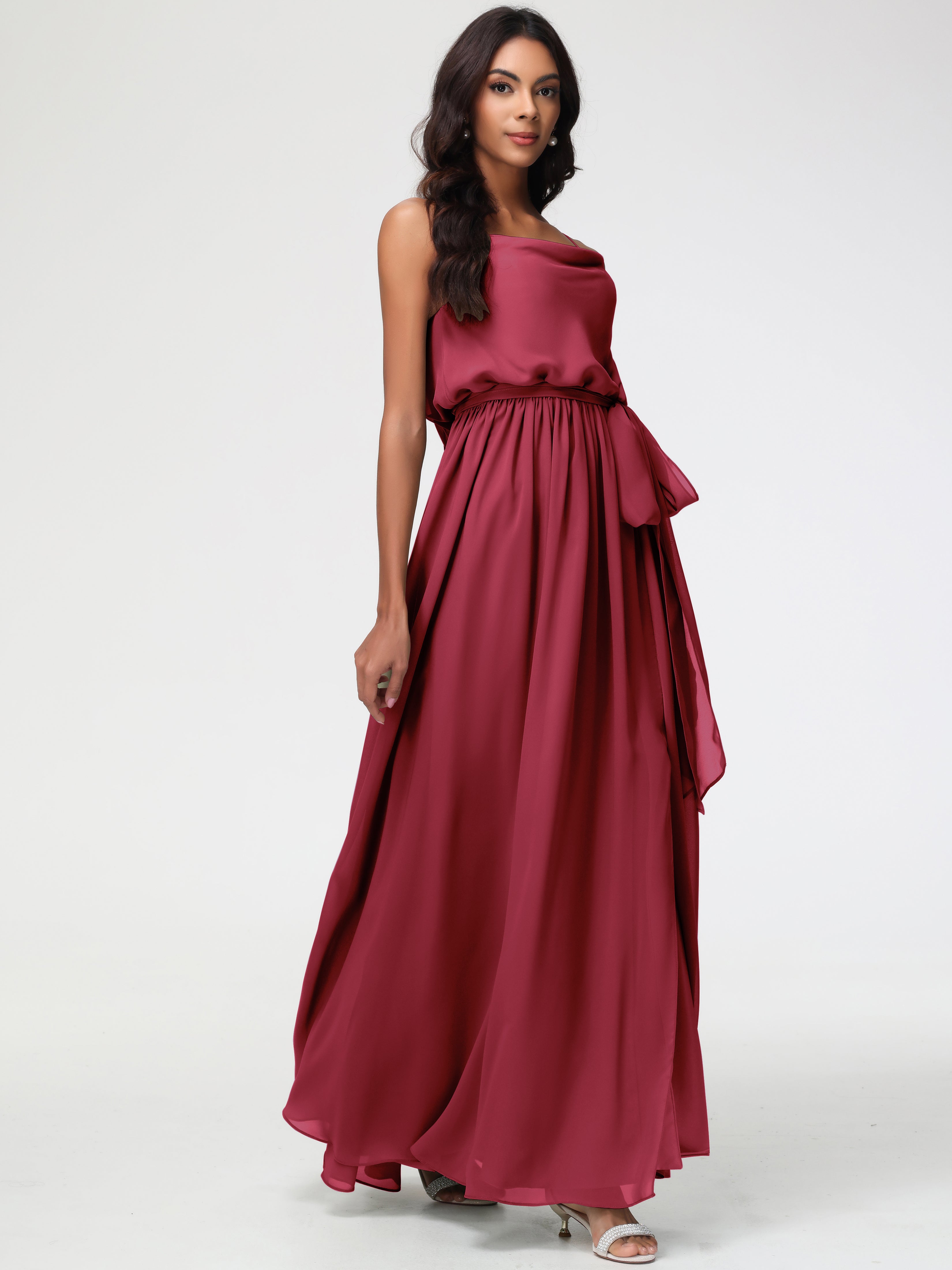 A-Line Cowl Spaghetti Straps Sleeveless Long Split Chiffon Bridesmaid Dresses