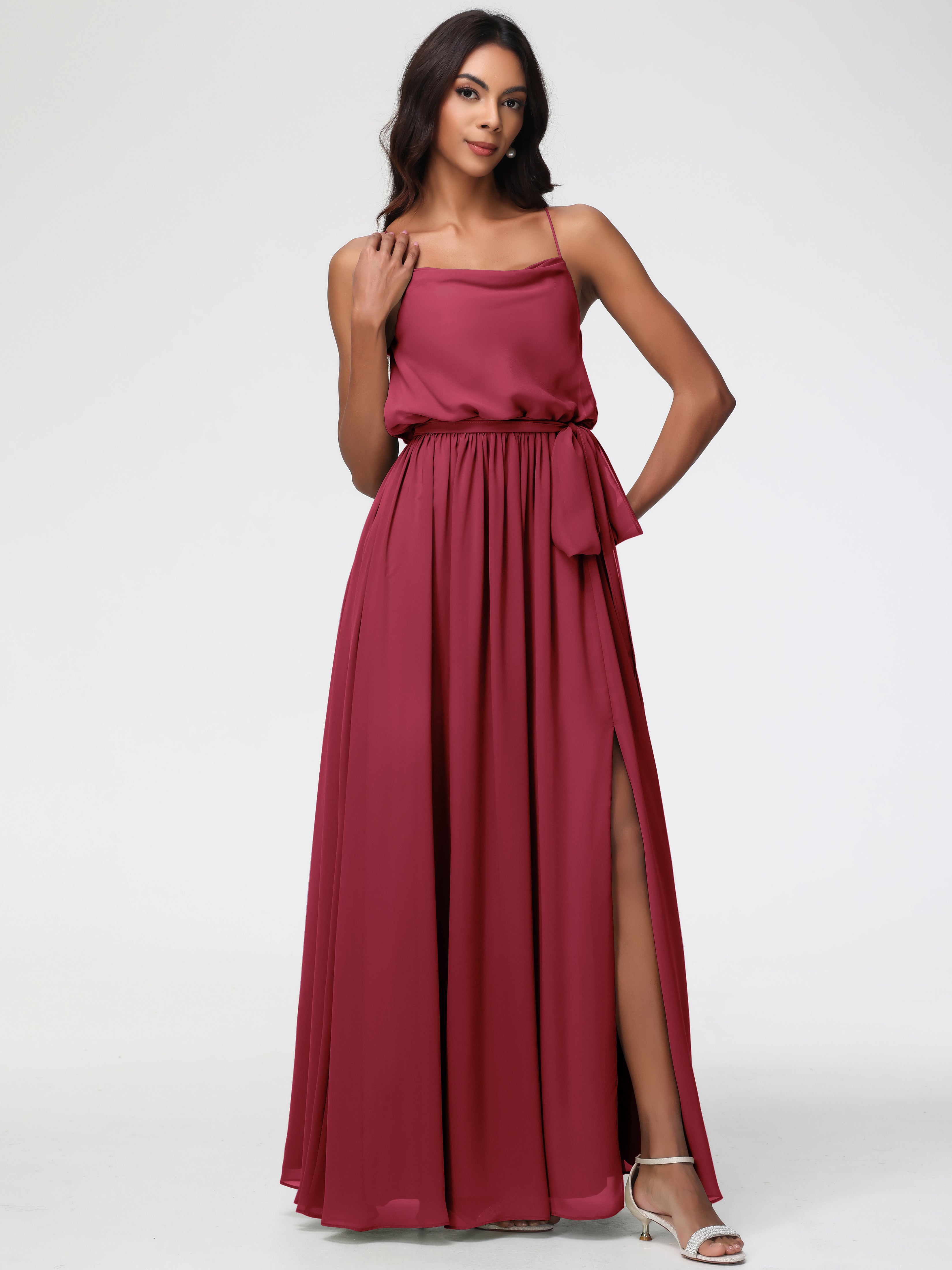 A-Line Cowl Spaghetti Straps Sleeveless Long Split Chiffon Bridesmaid Dresses