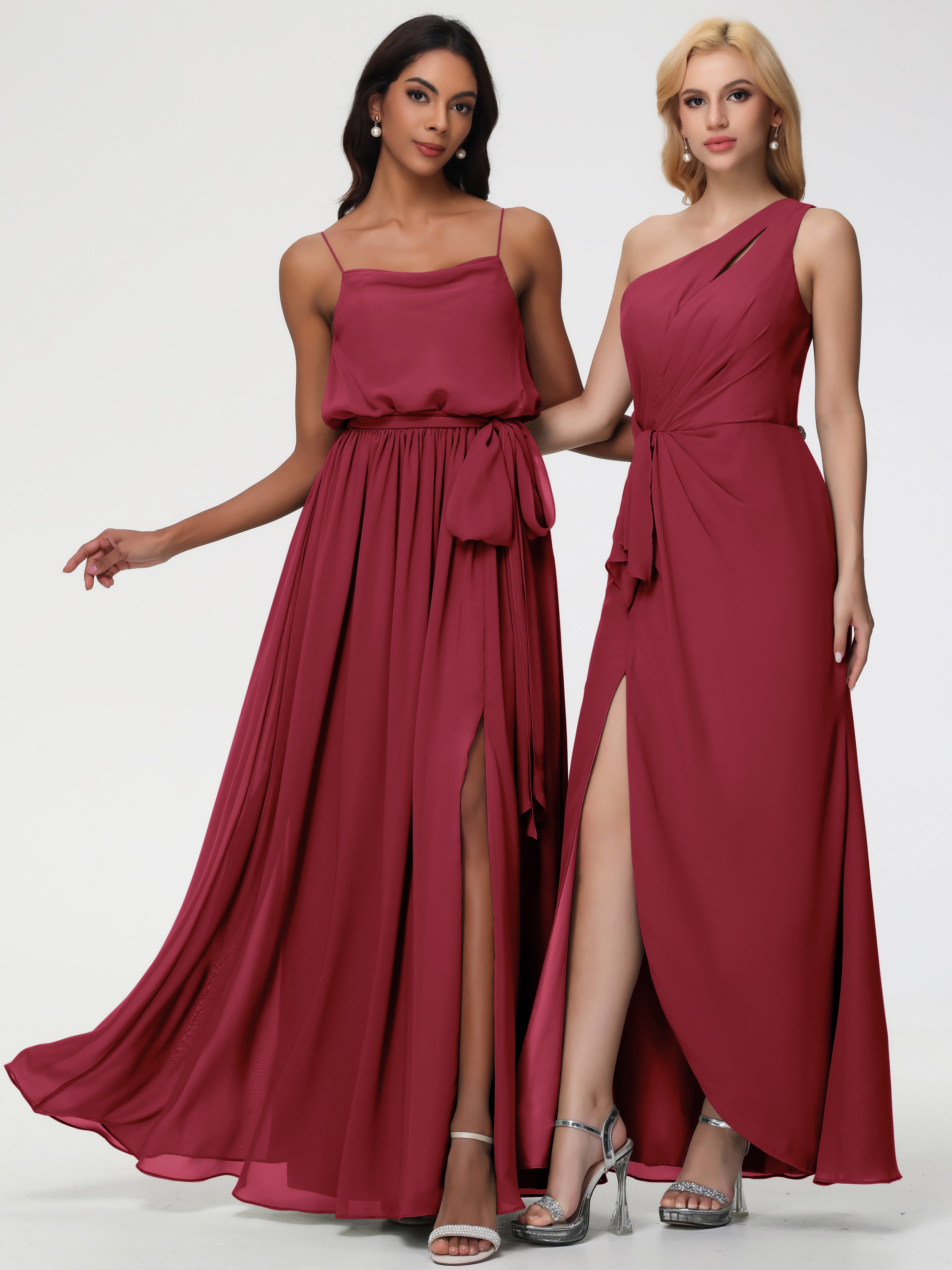A-Line Cowl Spaghetti Straps Sleeveless Long Split Chiffon Bridesmaid Dresses