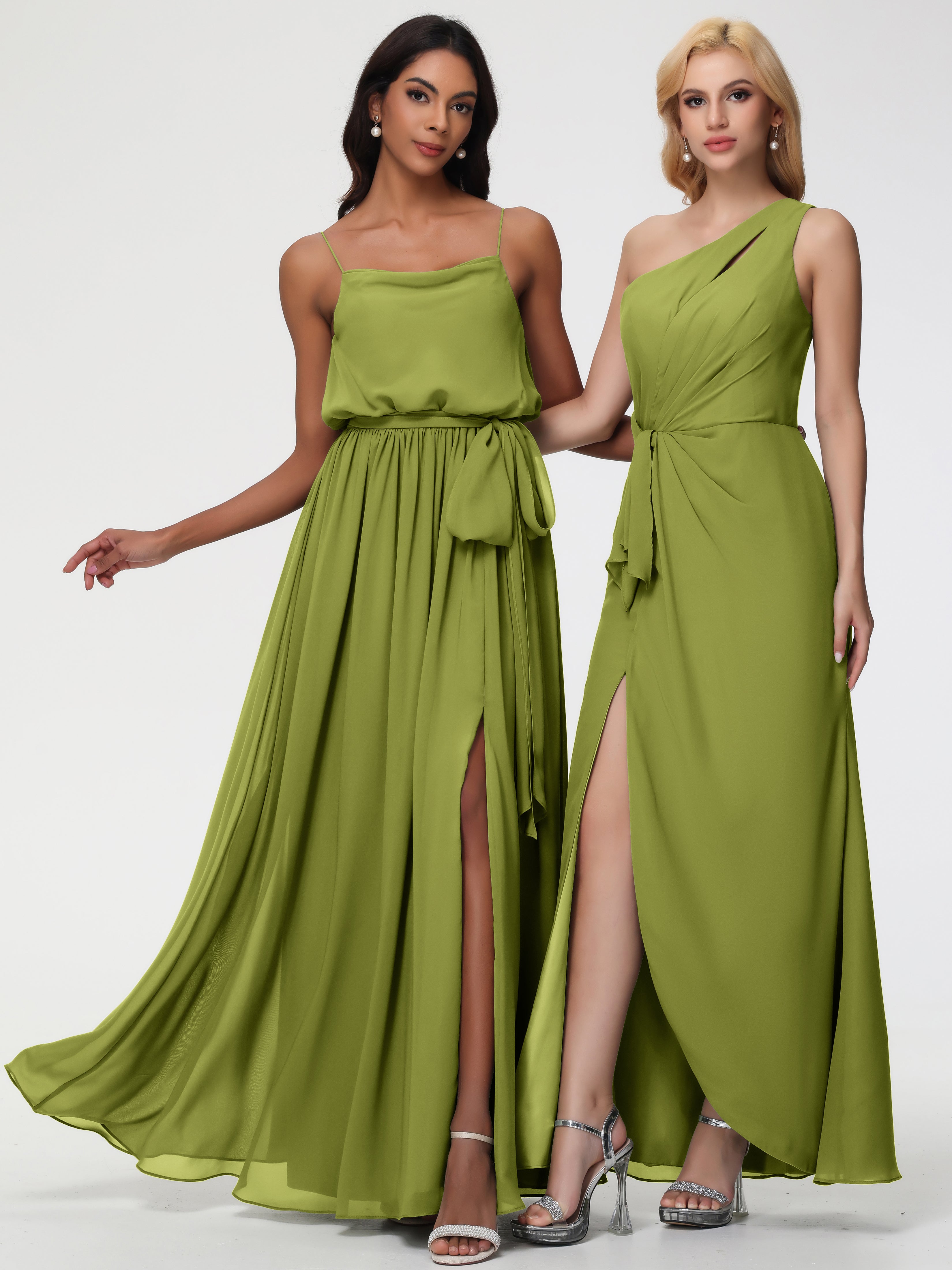 A-Line Cowl Spaghetti Straps Sleeveless Long Split Chiffon Bridesmaid Dresses