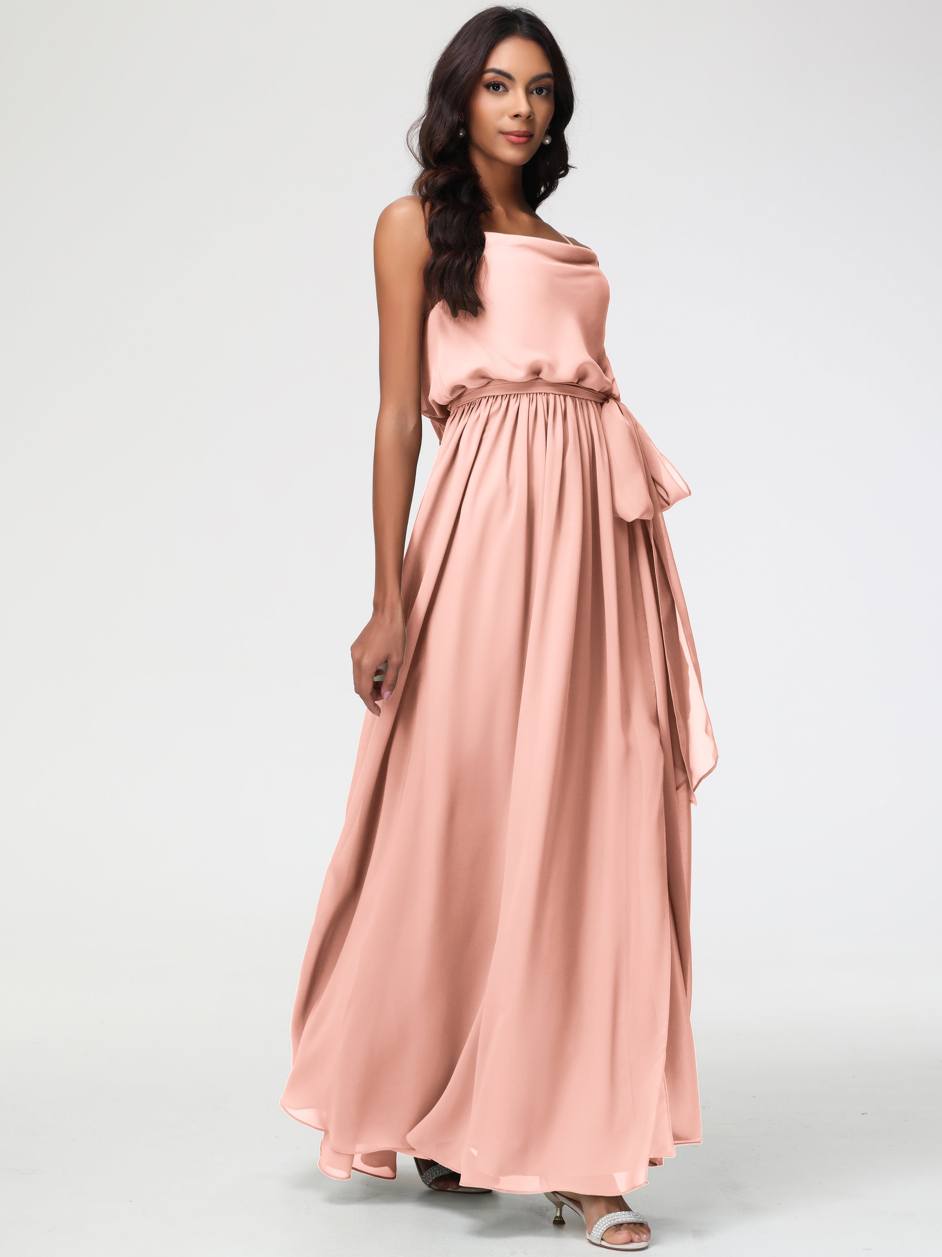 A-Line Cowl Spaghetti Straps Sleeveless Long Split Chiffon Bridesmaid Dresses