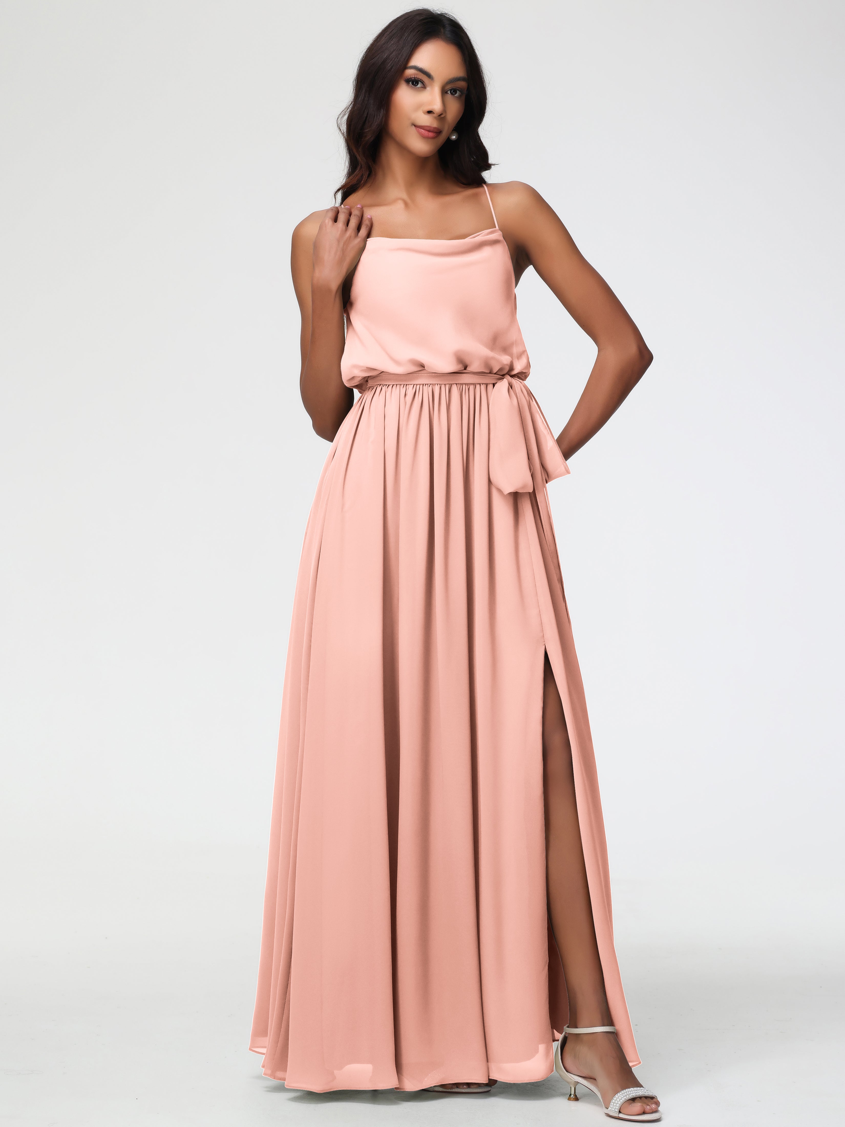 A-Line Cowl Spaghetti Straps Sleeveless Long Split Chiffon Bridesmaid Dresses
