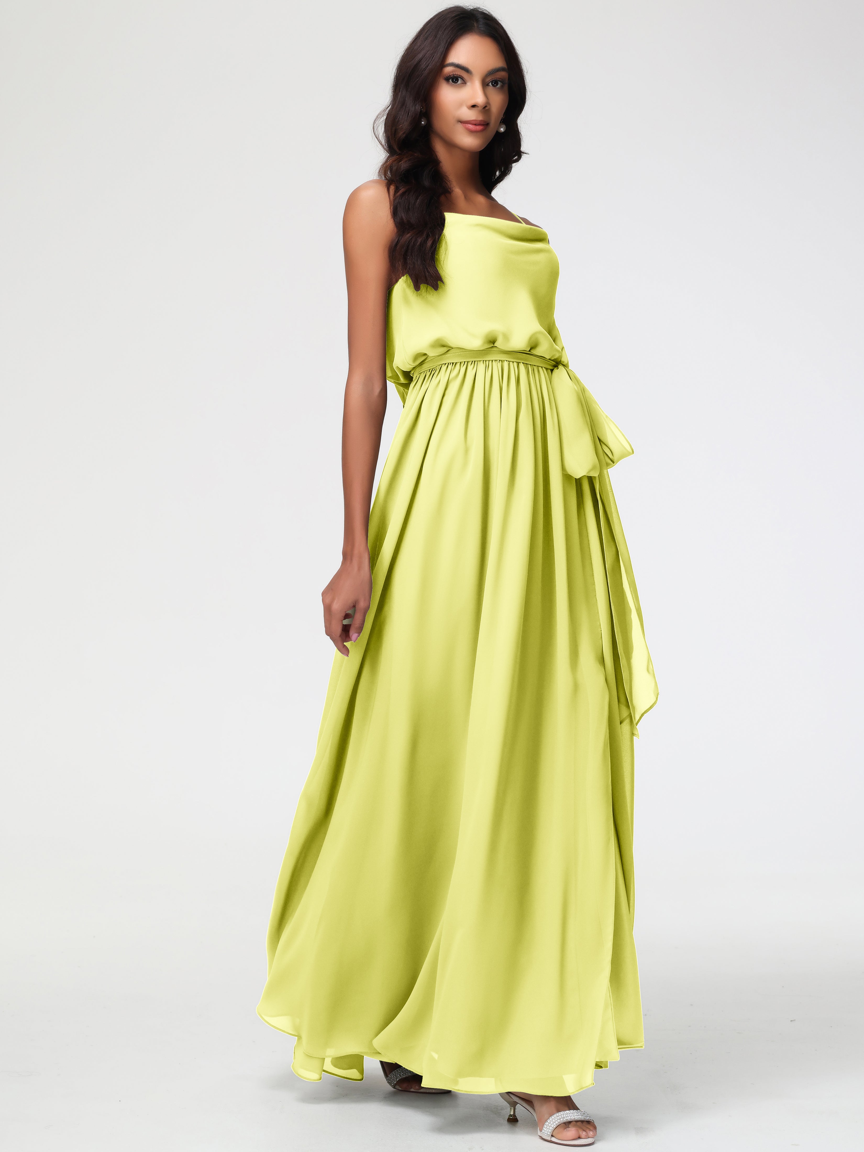 A-Line Cowl Spaghetti Straps Sleeveless Long Split Chiffon Bridesmaid Dresses