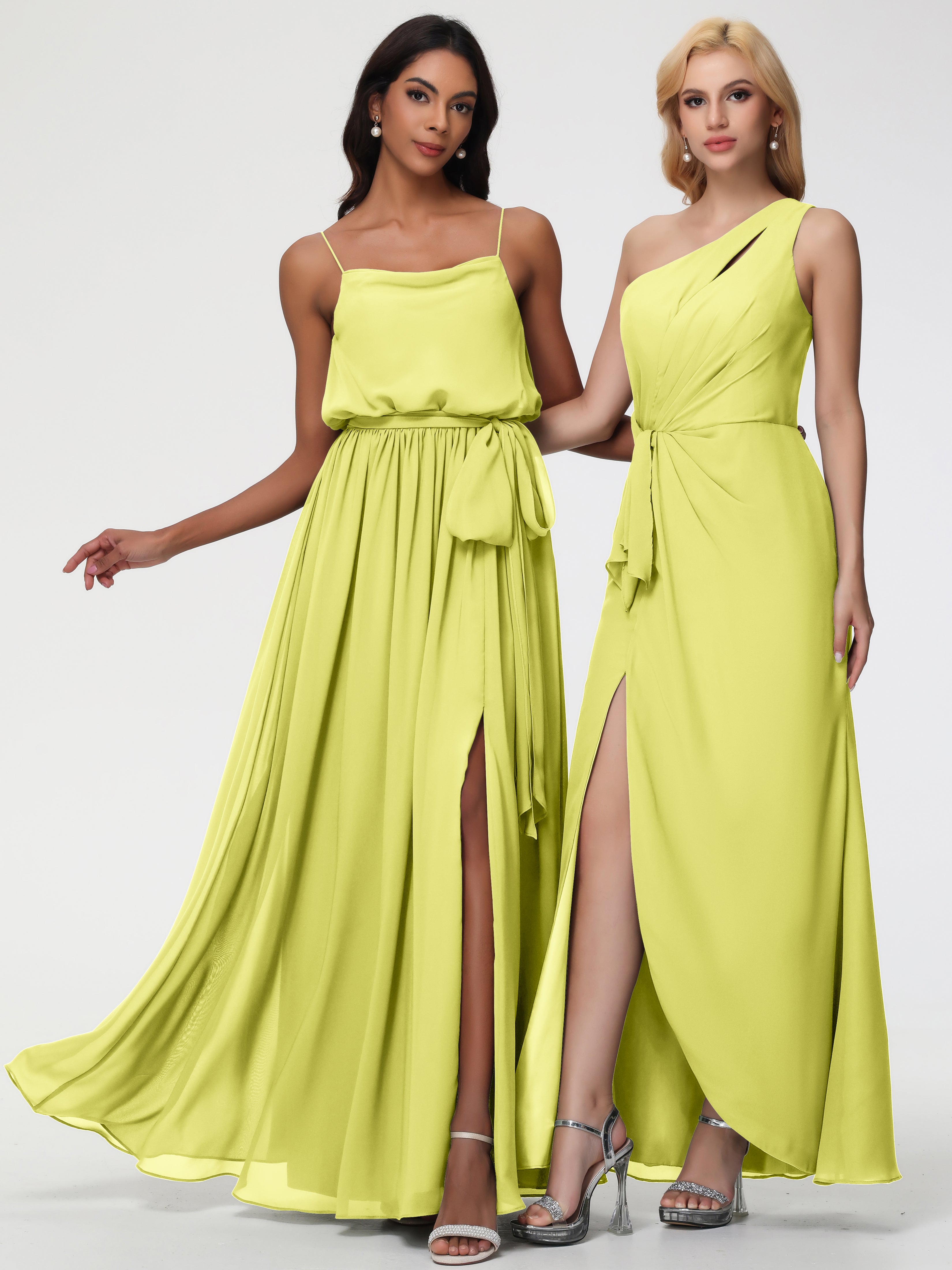 A-Line Cowl Spaghetti Straps Sleeveless Long Split Chiffon Bridesmaid Dresses
