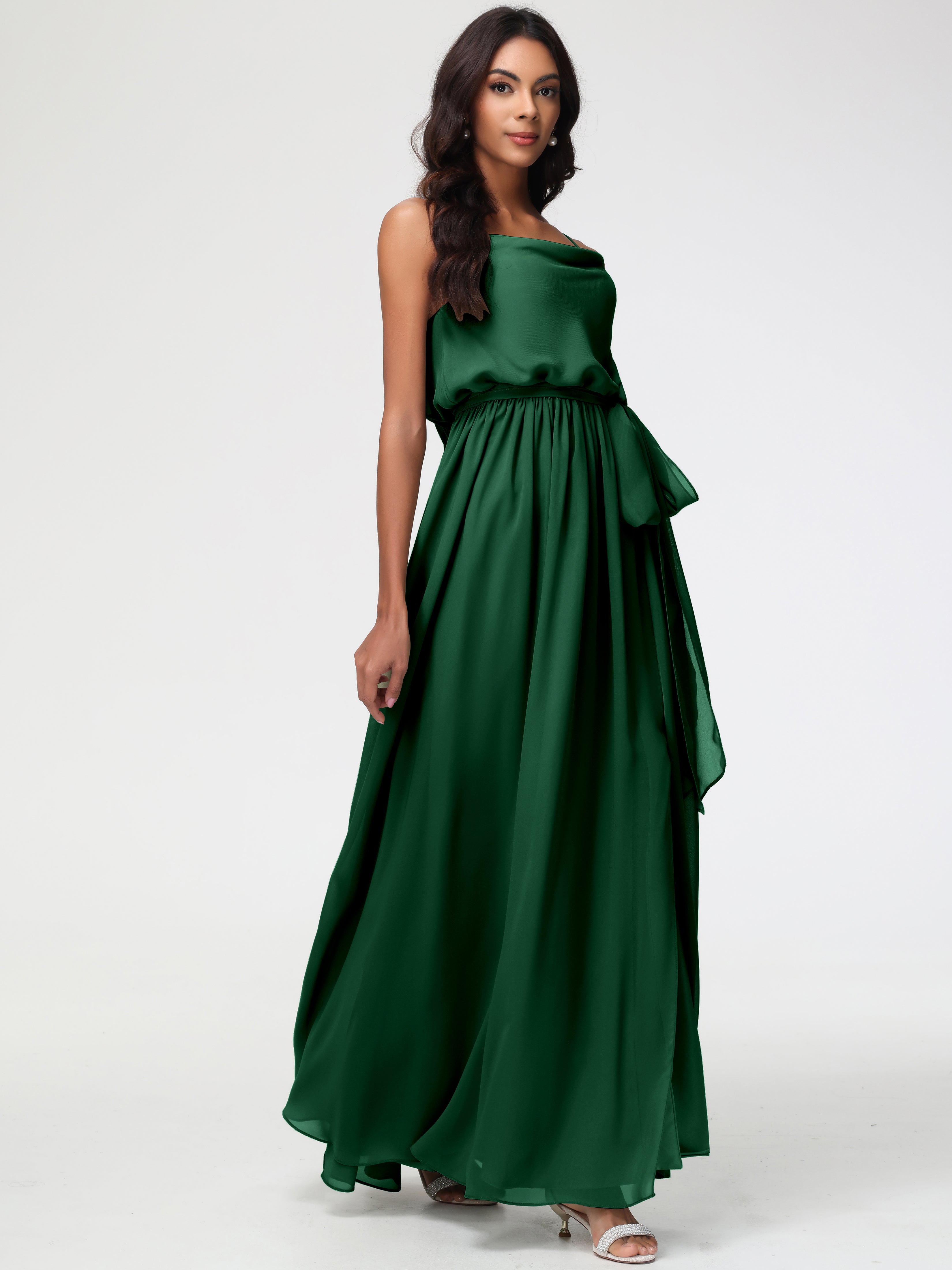A-Line Cowl Spaghetti Straps Sleeveless Long Split Chiffon Bridesmaid Dresses
