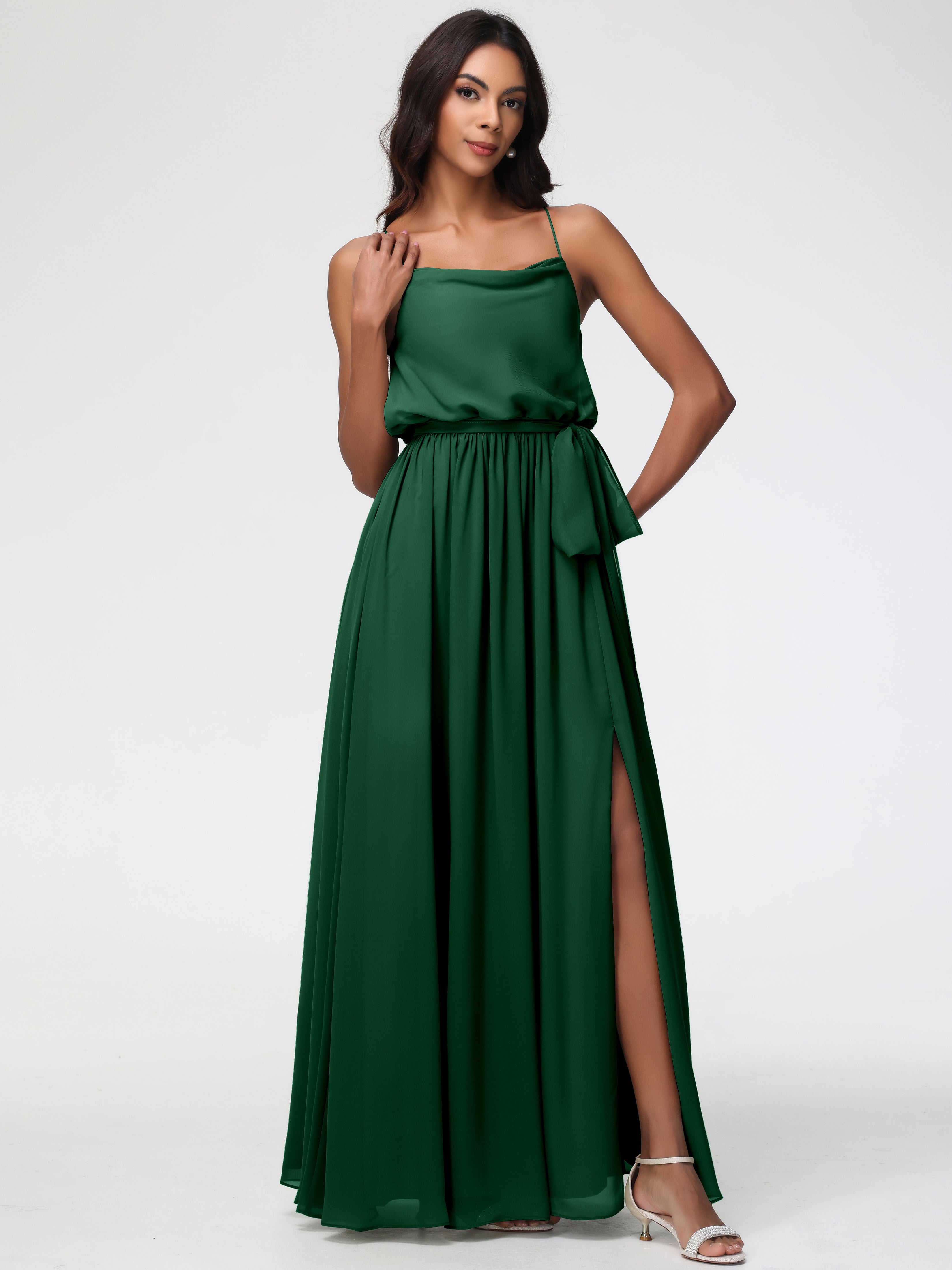 A-Line Cowl Spaghetti Straps Sleeveless Long Split Chiffon Bridesmaid Dresses