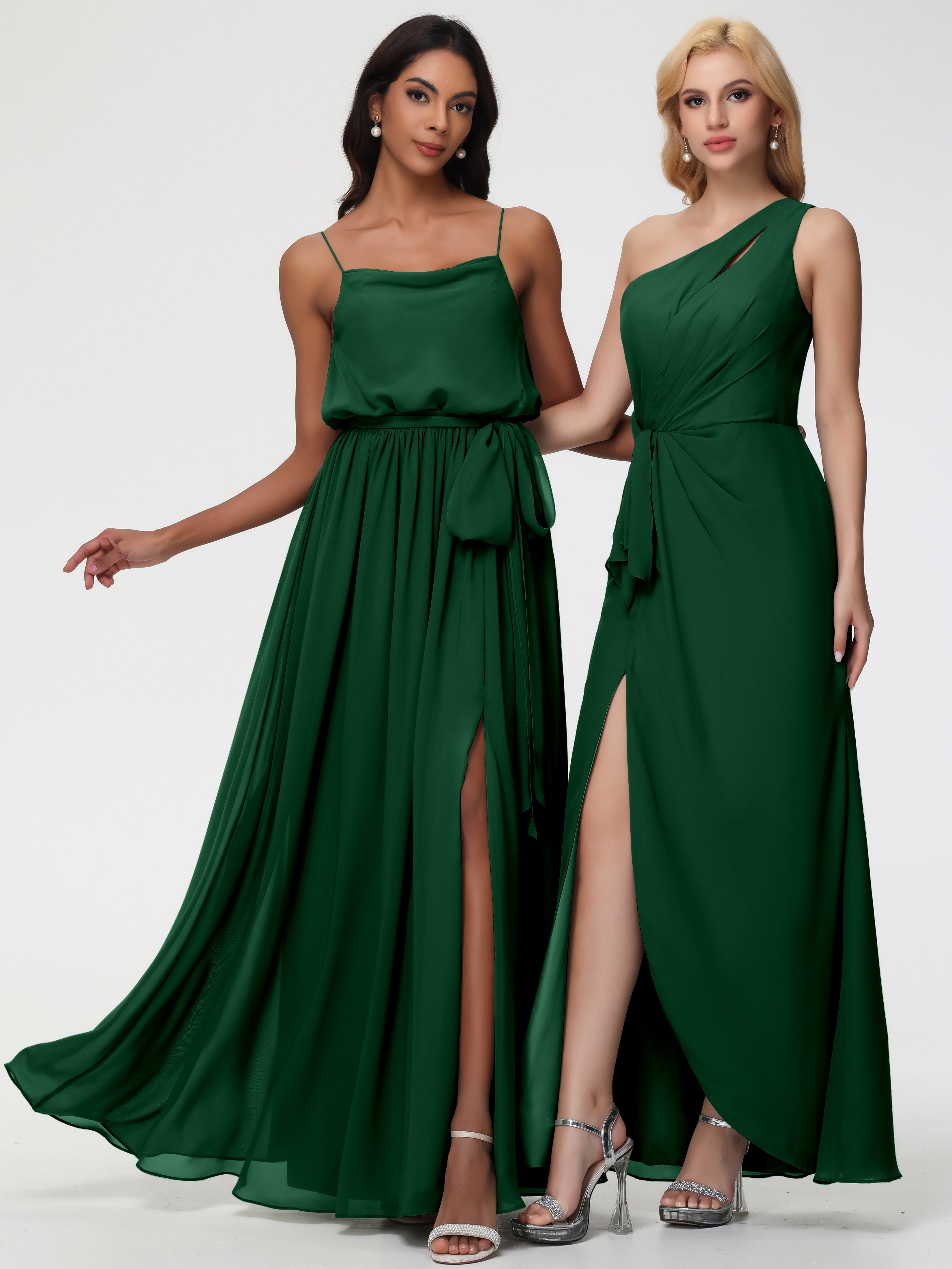 A-Line Cowl Spaghetti Straps Sleeveless Long Split Chiffon Bridesmaid Dresses