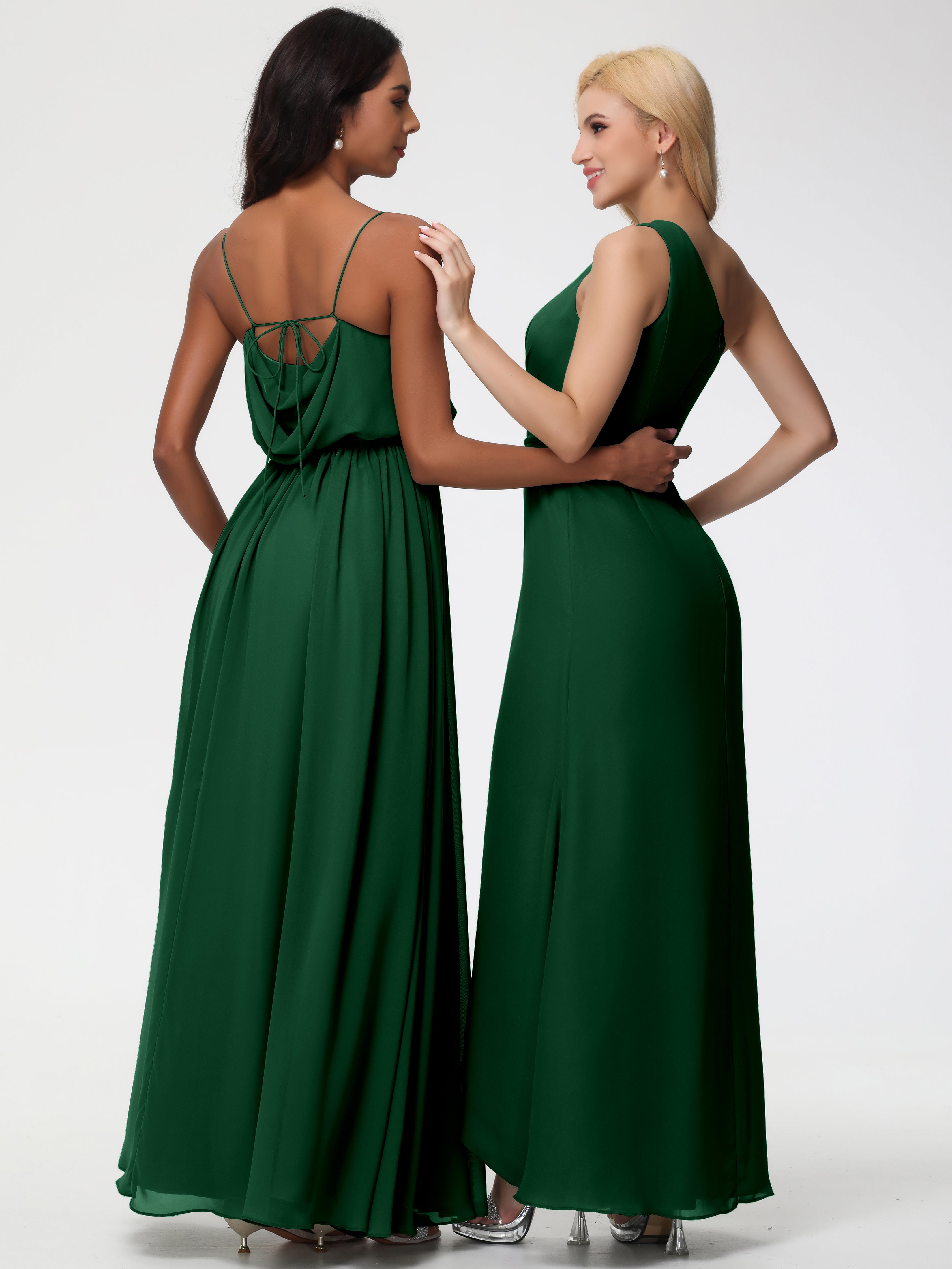 A-Line Cowl Spaghetti Straps Sleeveless Long Split Chiffon Bridesmaid Dresses