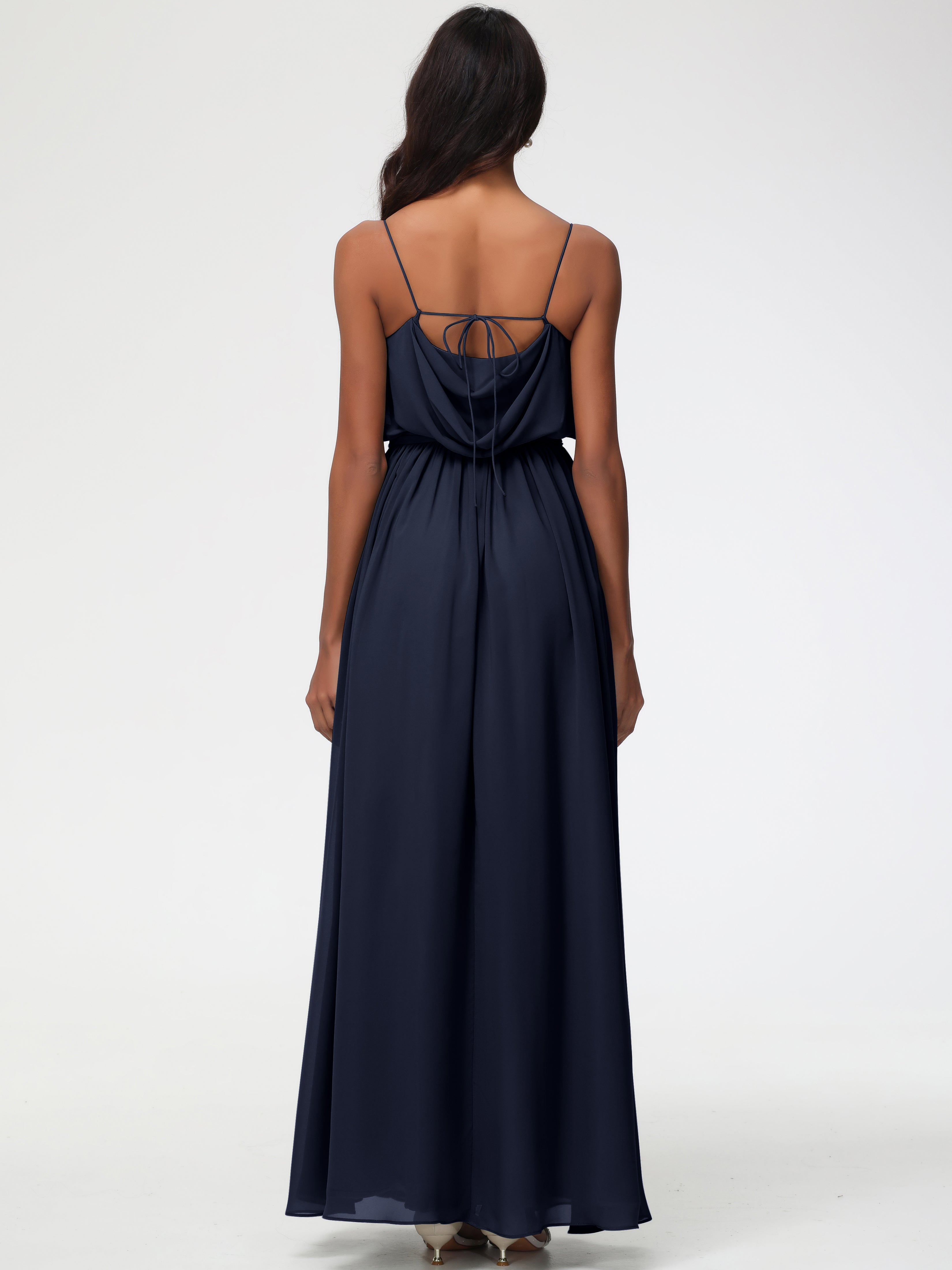 A-Line Cowl Spaghetti Straps Sleeveless Long Split Chiffon Bridesmaid Dresses