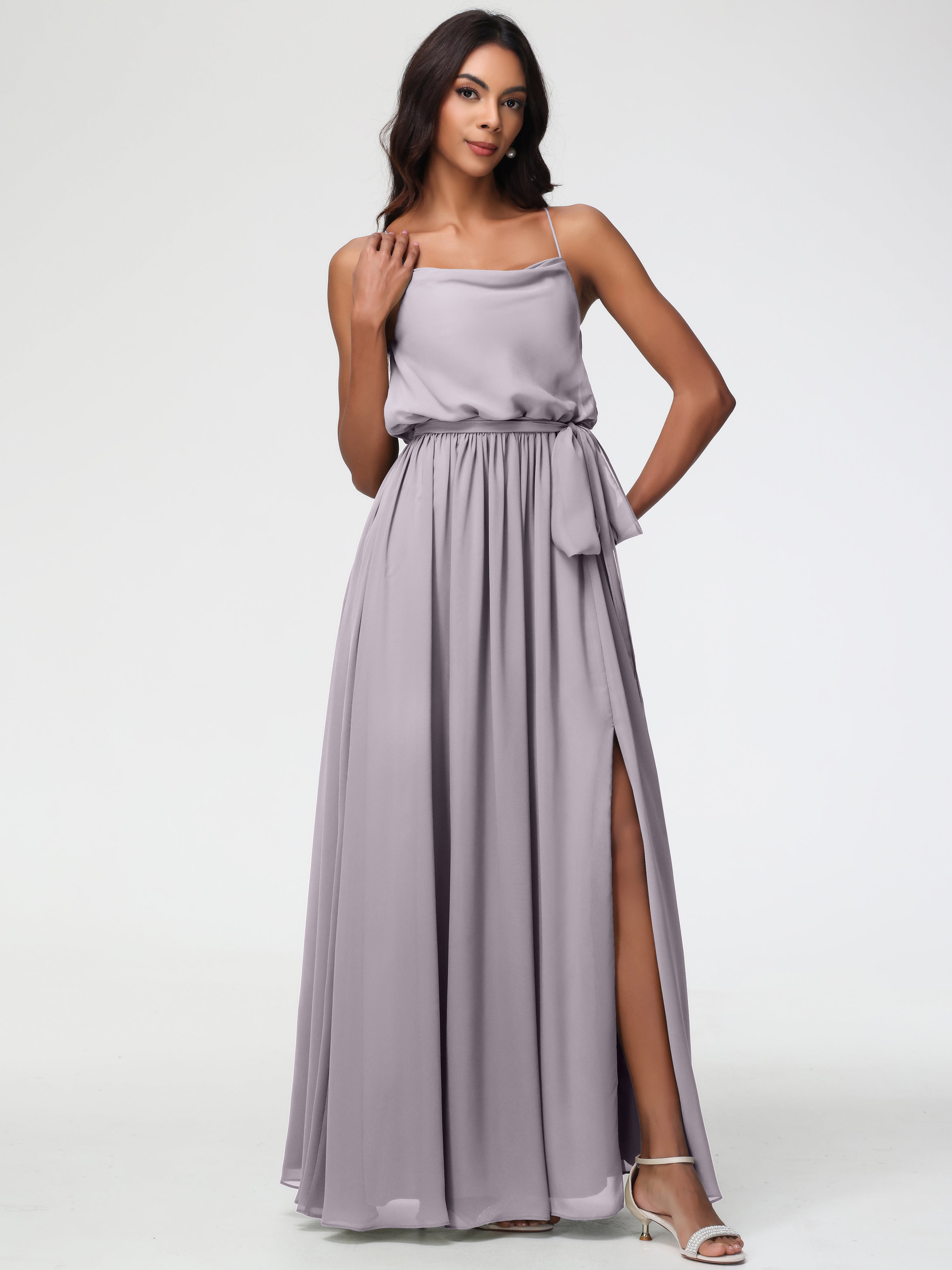 A-Line Cowl Spaghetti Straps Sleeveless Long Split Chiffon Bridesmaid Dresses
