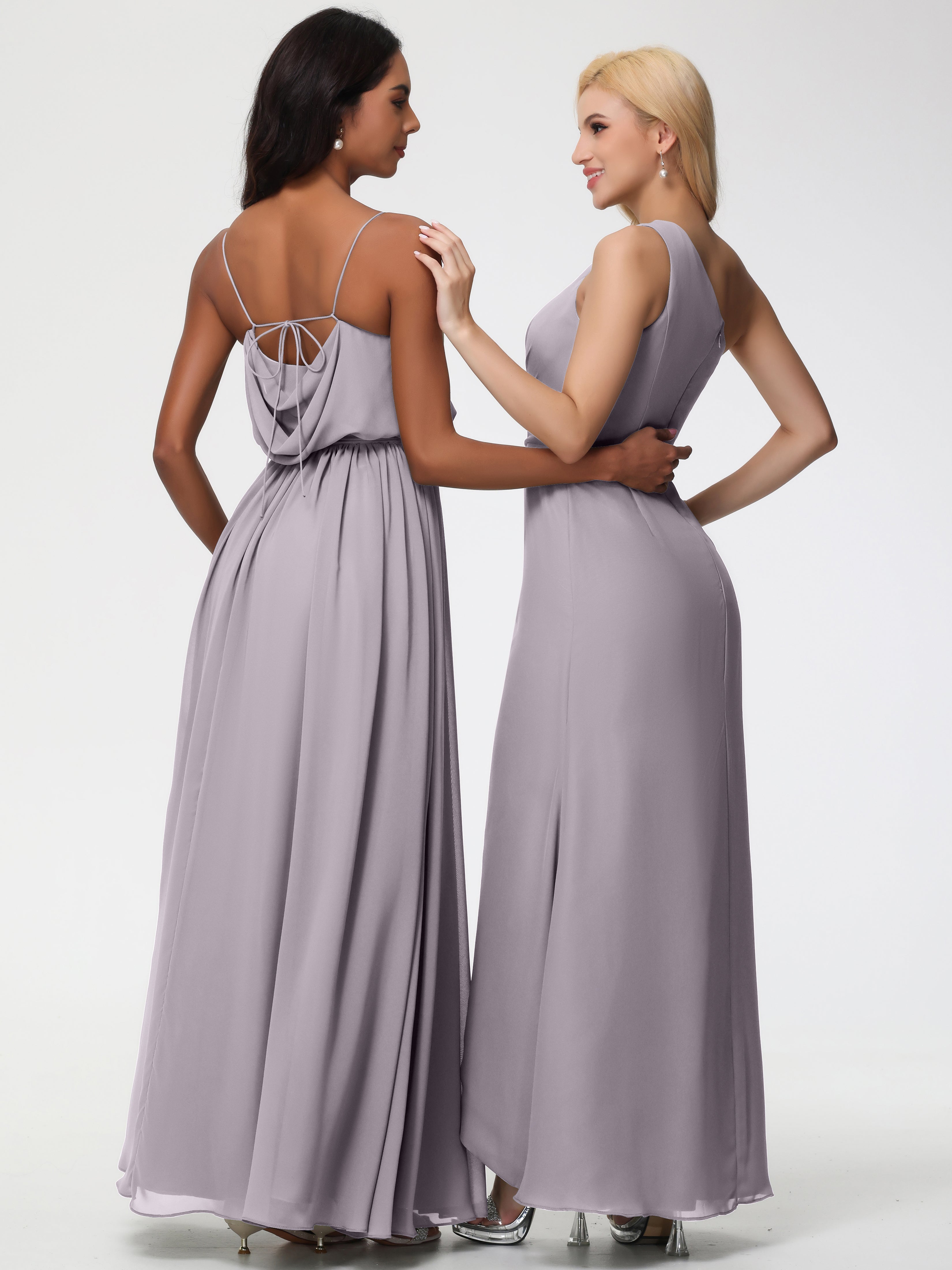 A-Line Cowl Spaghetti Straps Sleeveless Long Split Chiffon Bridesmaid Dresses