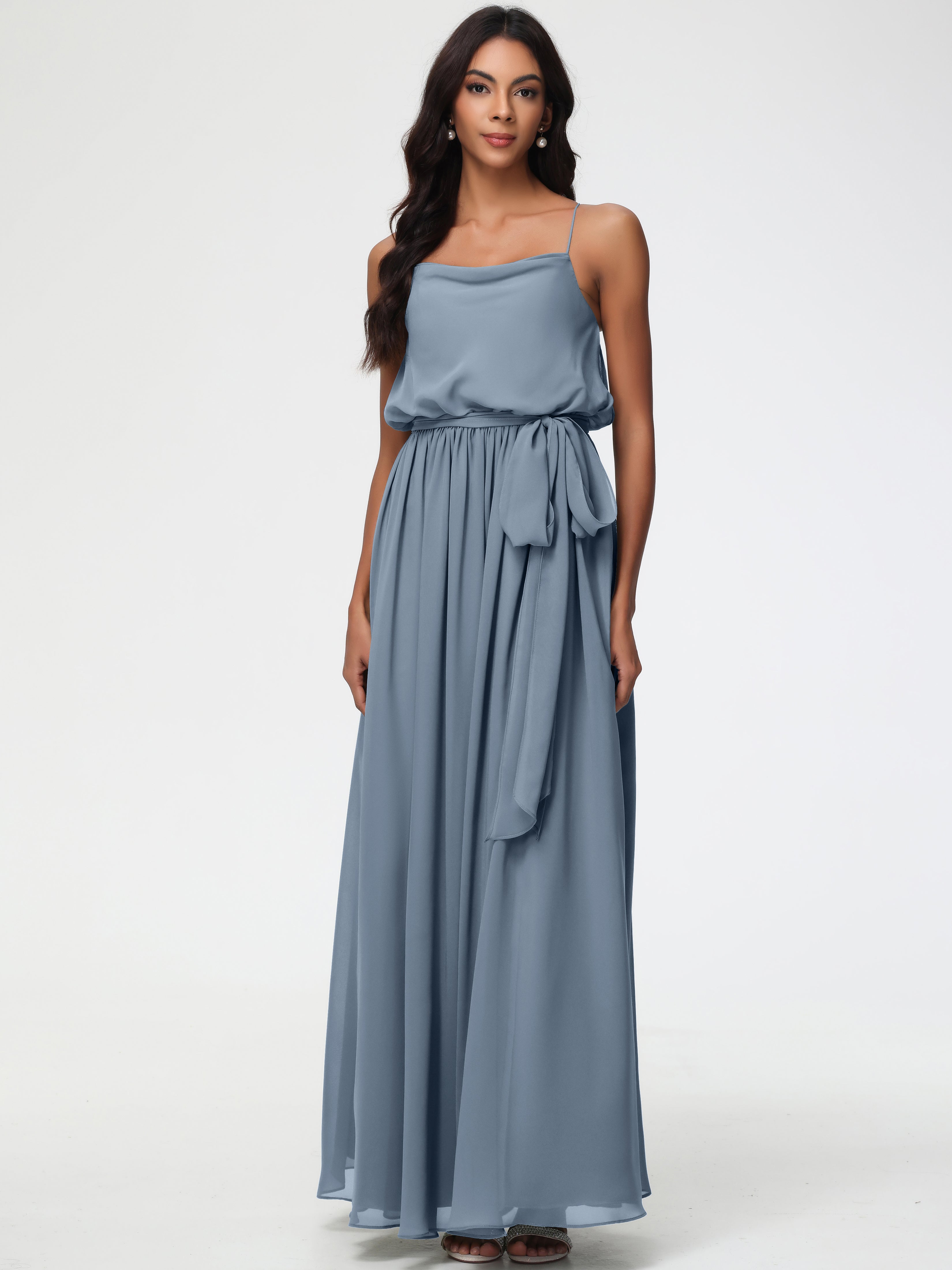 A-Line Cowl Spaghetti Straps Sleeveless Long Split Chiffon Bridesmaid Dresses
