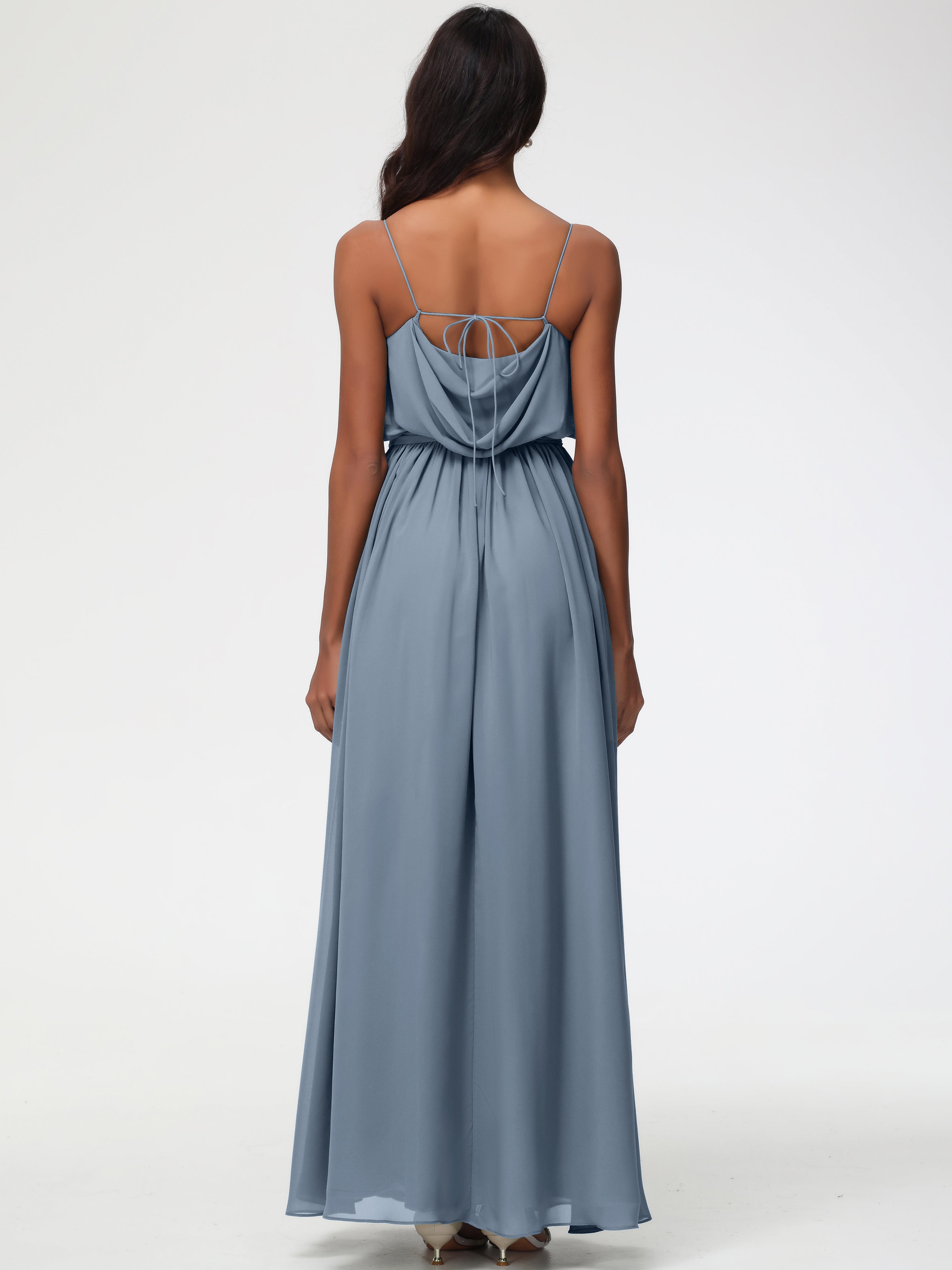 A-Line Cowl Spaghetti Straps Sleeveless Long Split Chiffon Bridesmaid Dresses