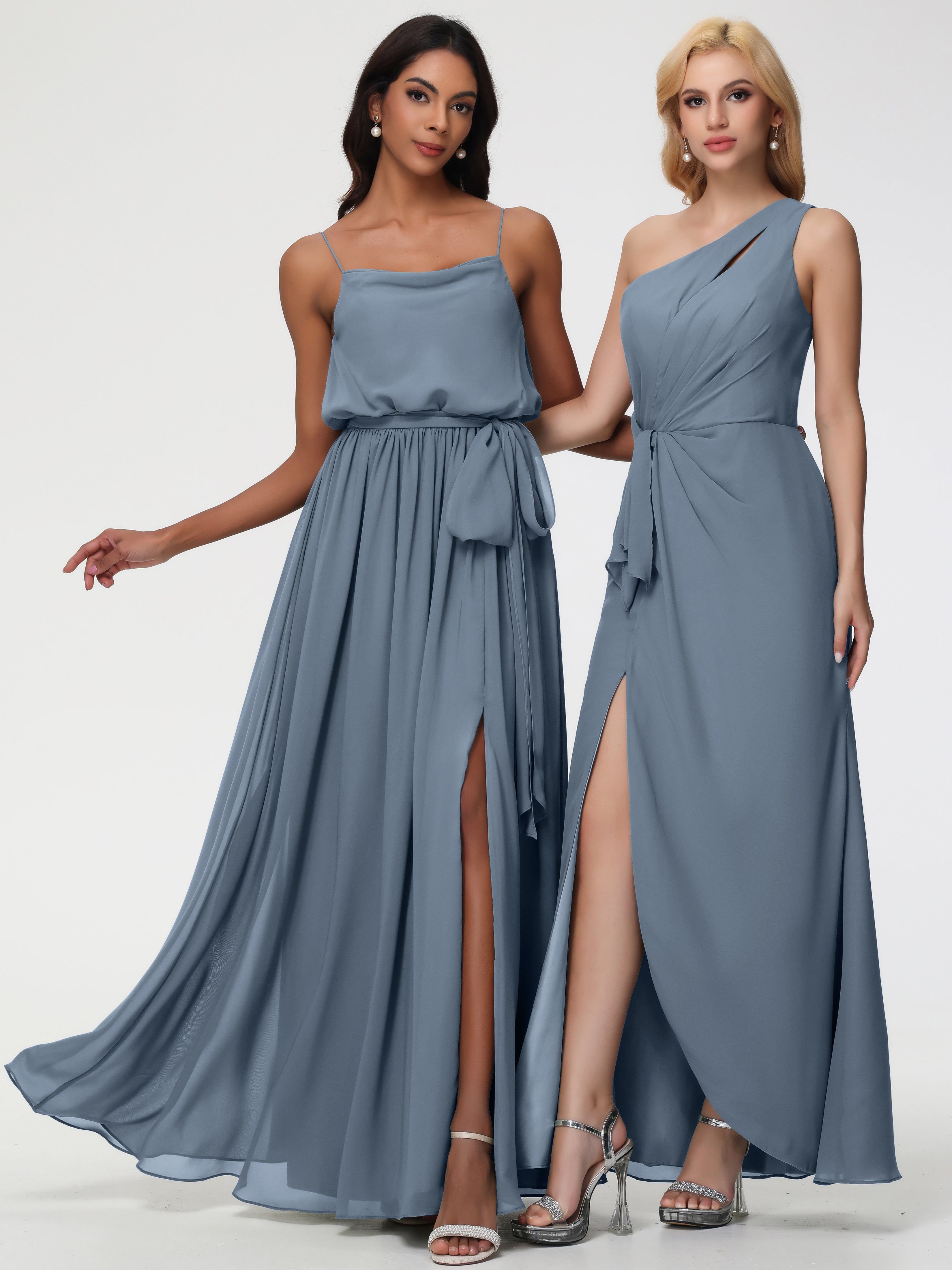 A-Line Cowl Spaghetti Straps Sleeveless Long Split Chiffon Bridesmaid Dresses
