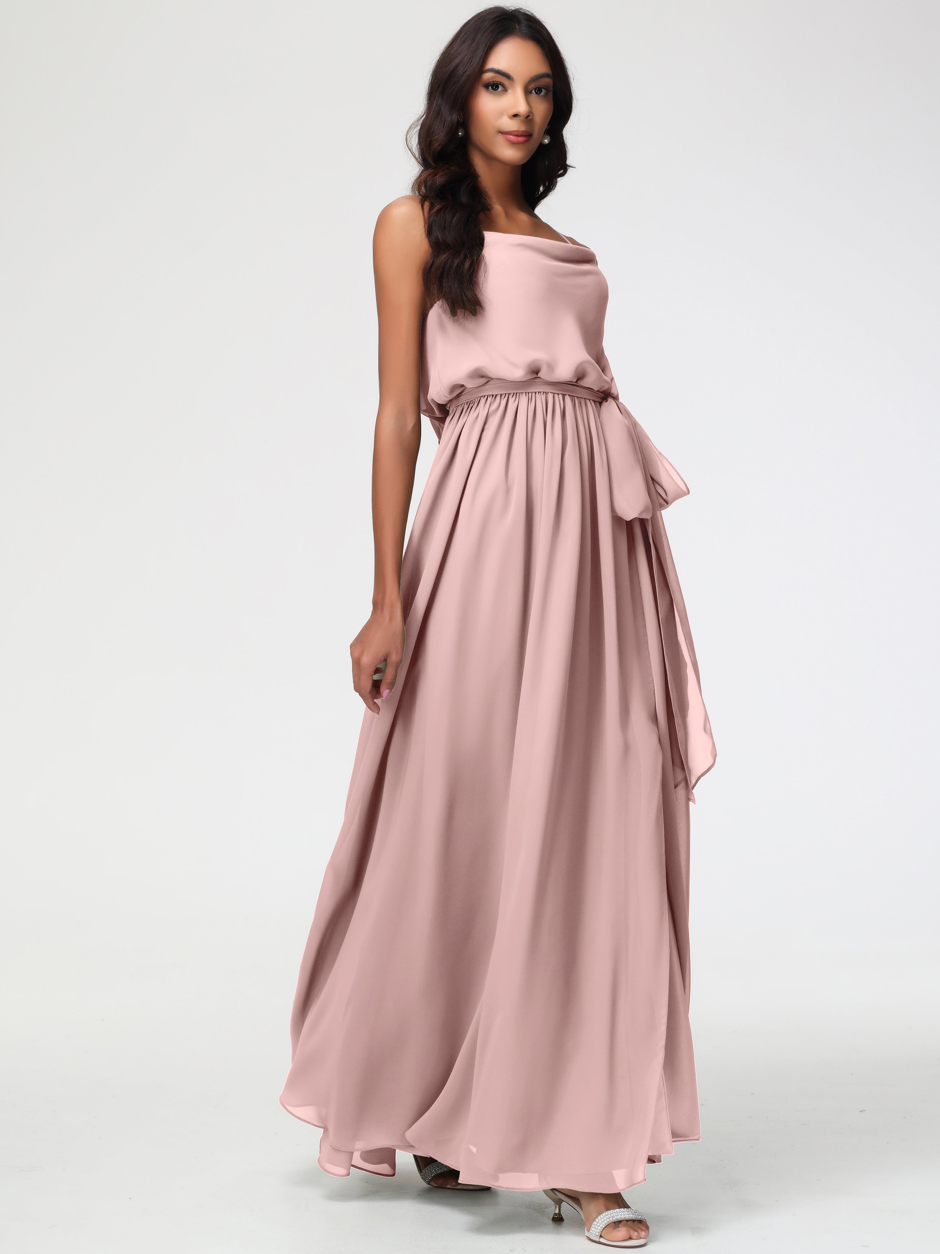 A-Line Cowl Spaghetti Straps Sleeveless Long Split Chiffon Bridesmaid Dresses