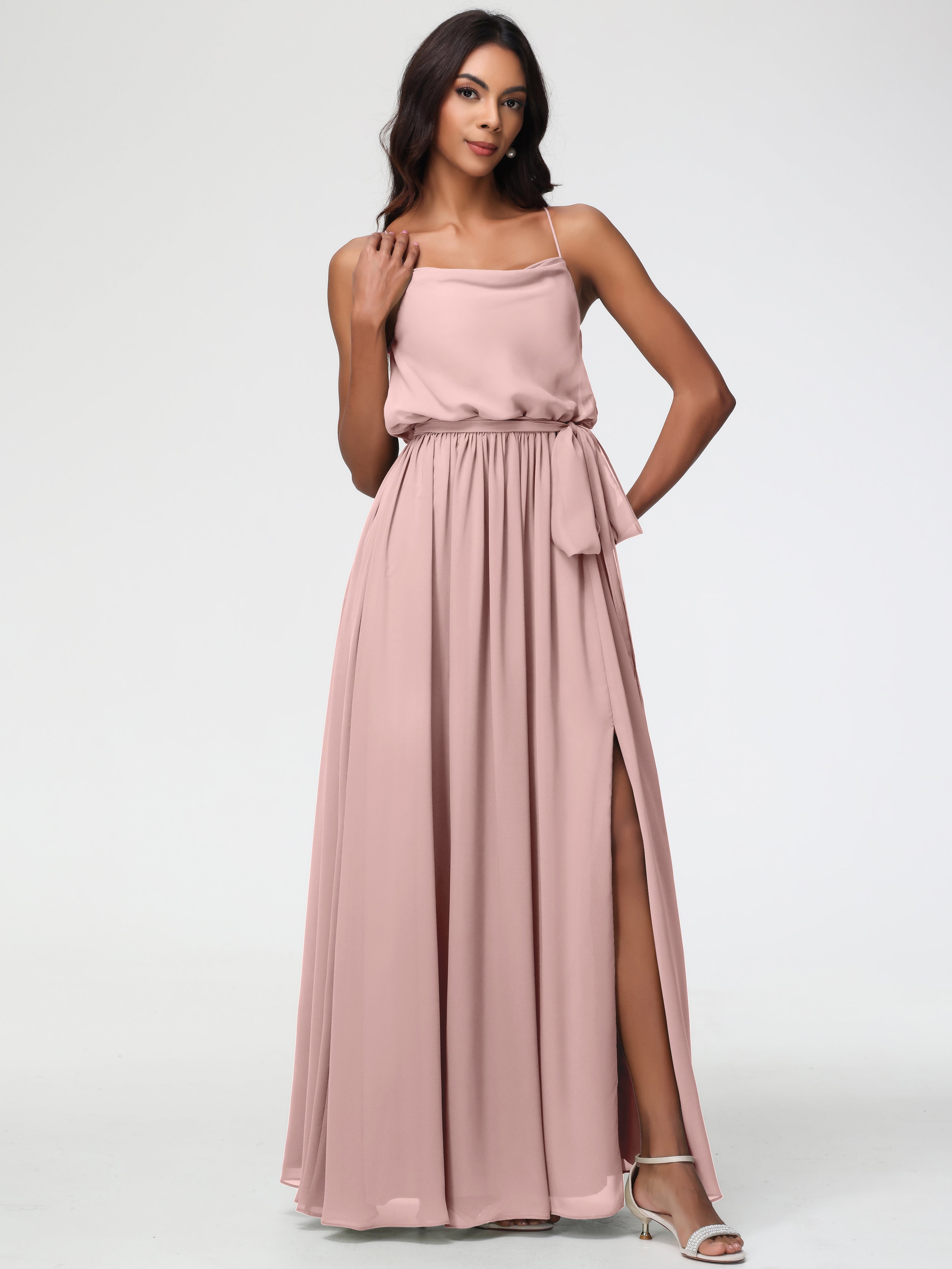 A-Line Cowl Spaghetti Straps Sleeveless Long Split Chiffon Bridesmaid Dresses