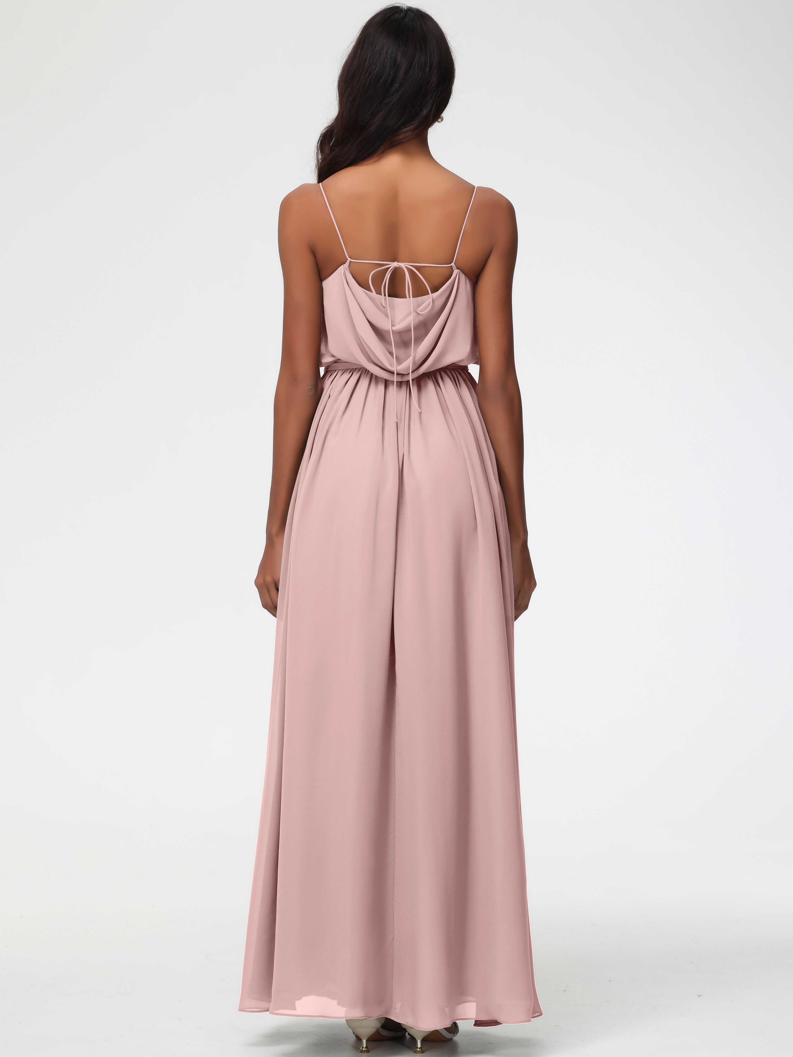 A-Line Cowl Spaghetti Straps Sleeveless Long Split Chiffon Bridesmaid Dresses