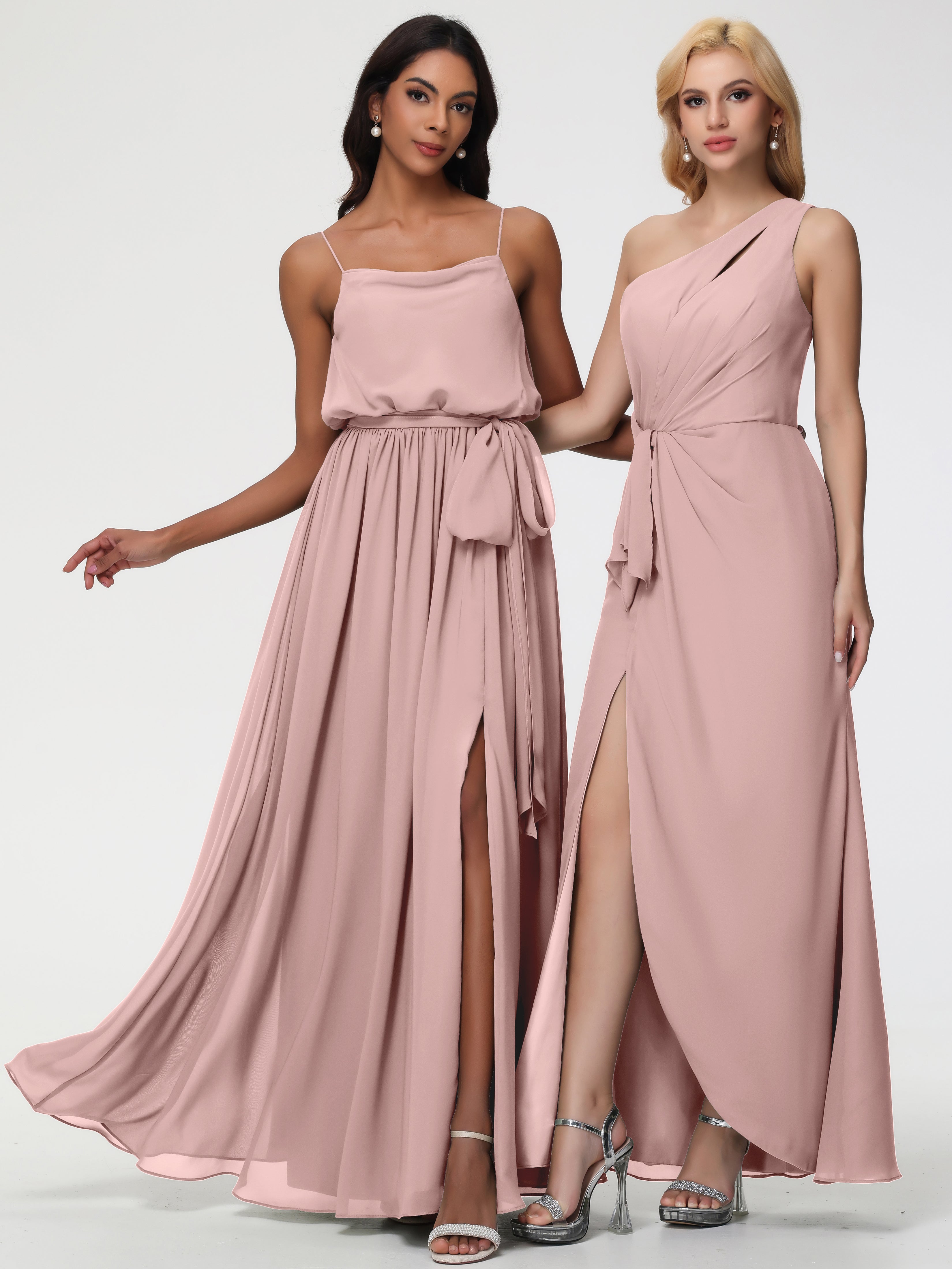 A-Line Cowl Spaghetti Straps Sleeveless Long Split Chiffon Bridesmaid Dresses