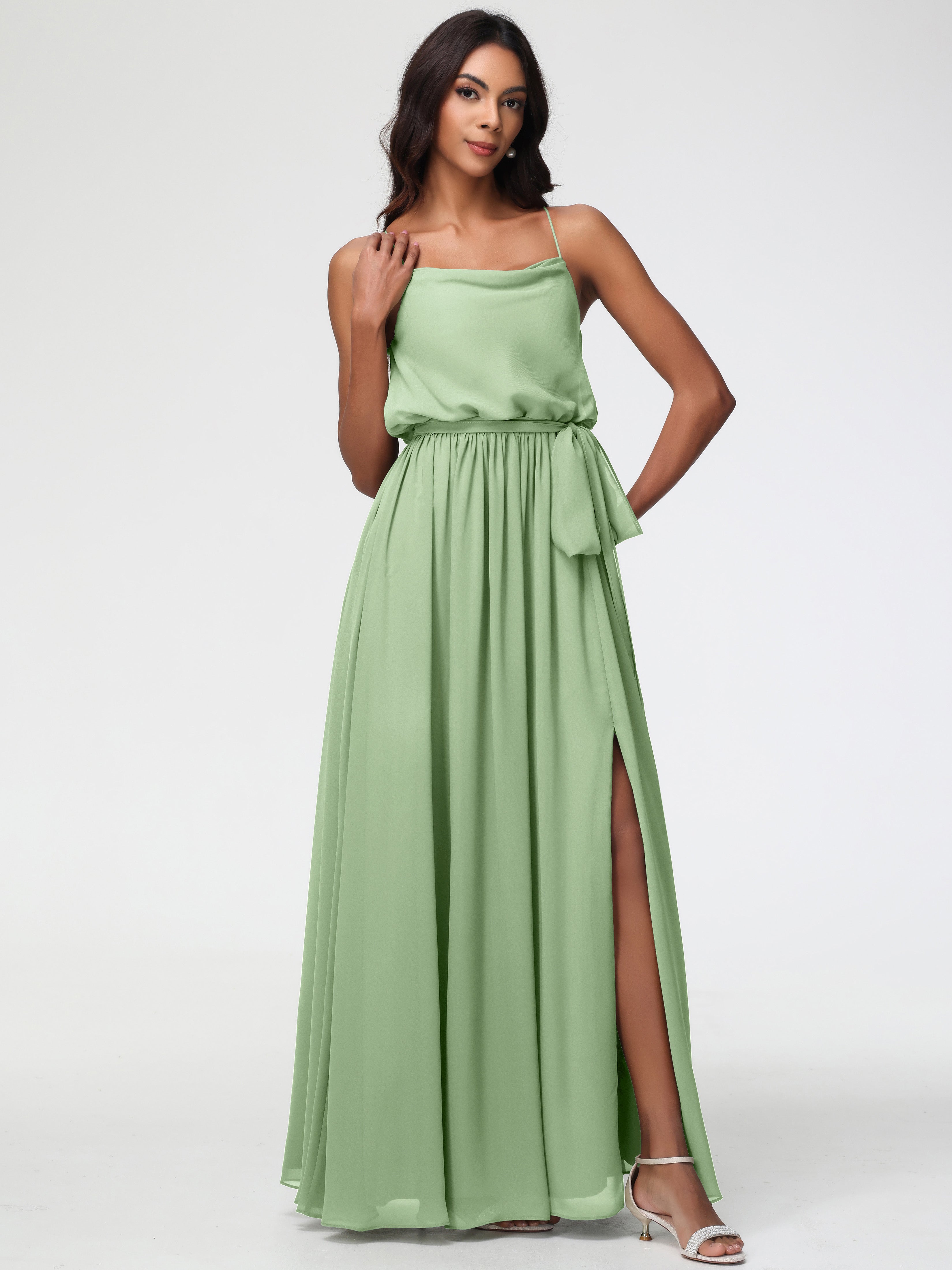 A-Line Cowl Spaghetti Straps Sleeveless Long Split Chiffon Bridesmaid Dresses