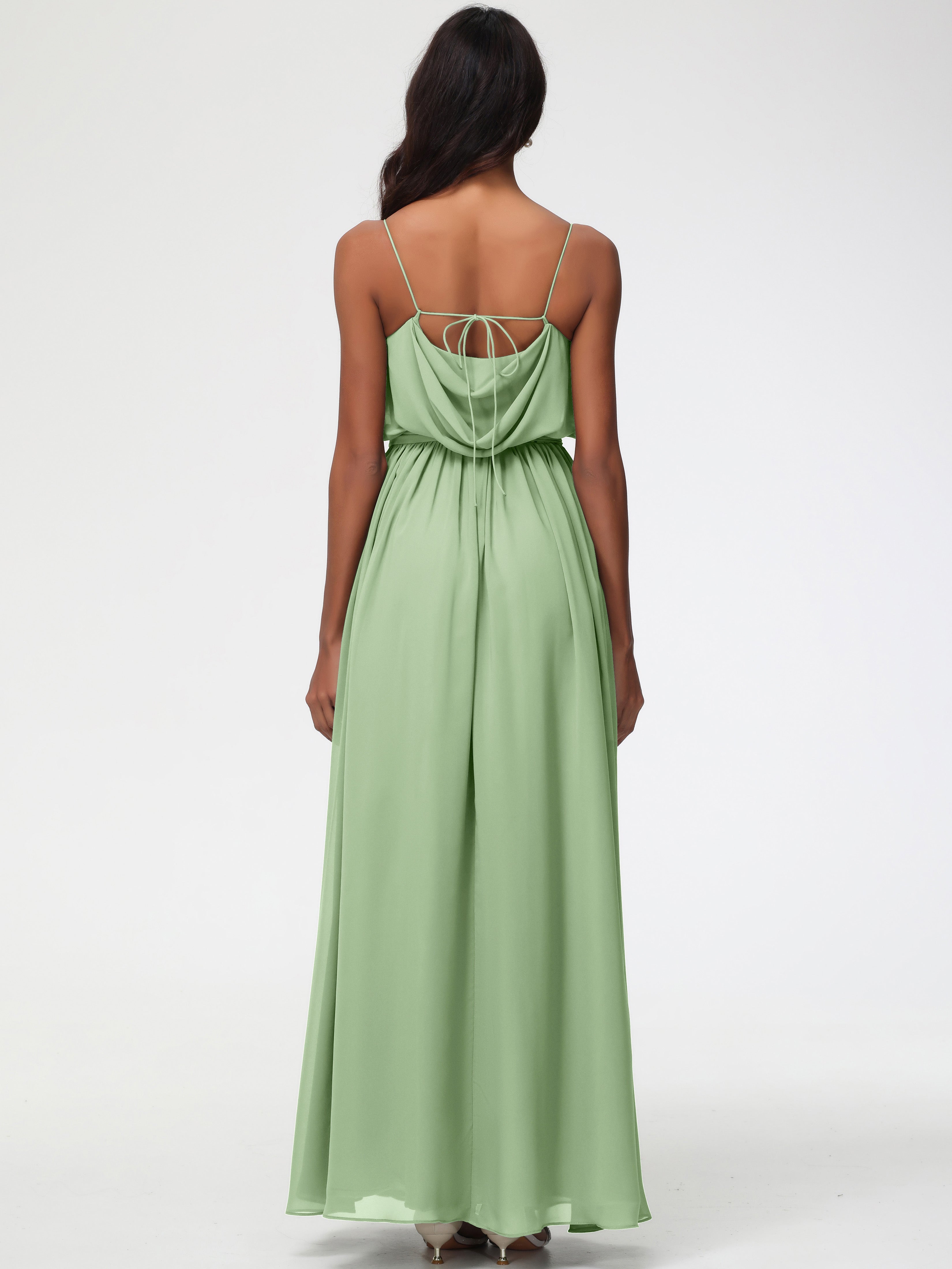 A-Line Cowl Spaghetti Straps Sleeveless Long Split Chiffon Bridesmaid Dresses