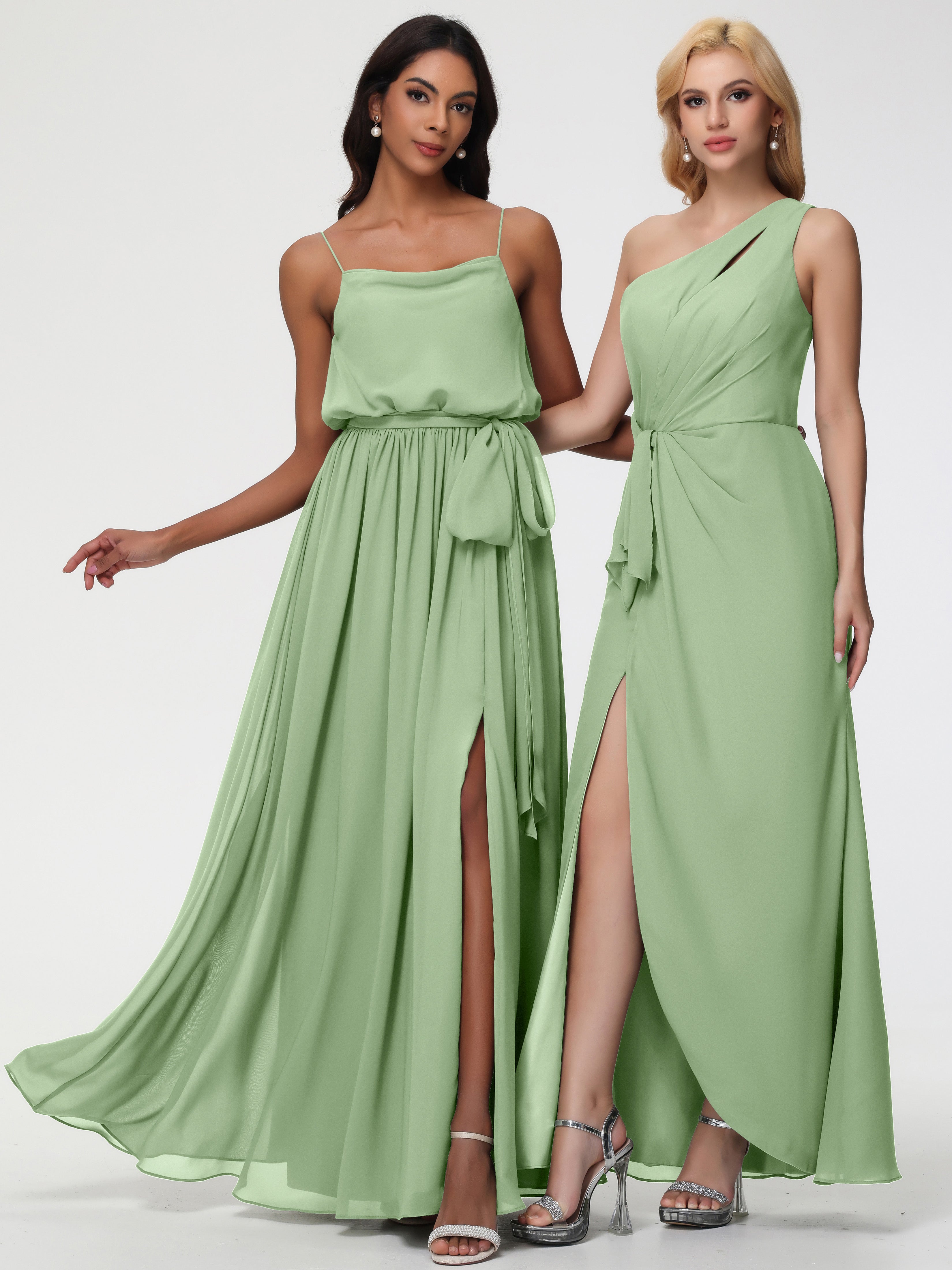 A-Line Cowl Spaghetti Straps Sleeveless Long Split Chiffon Bridesmaid Dresses