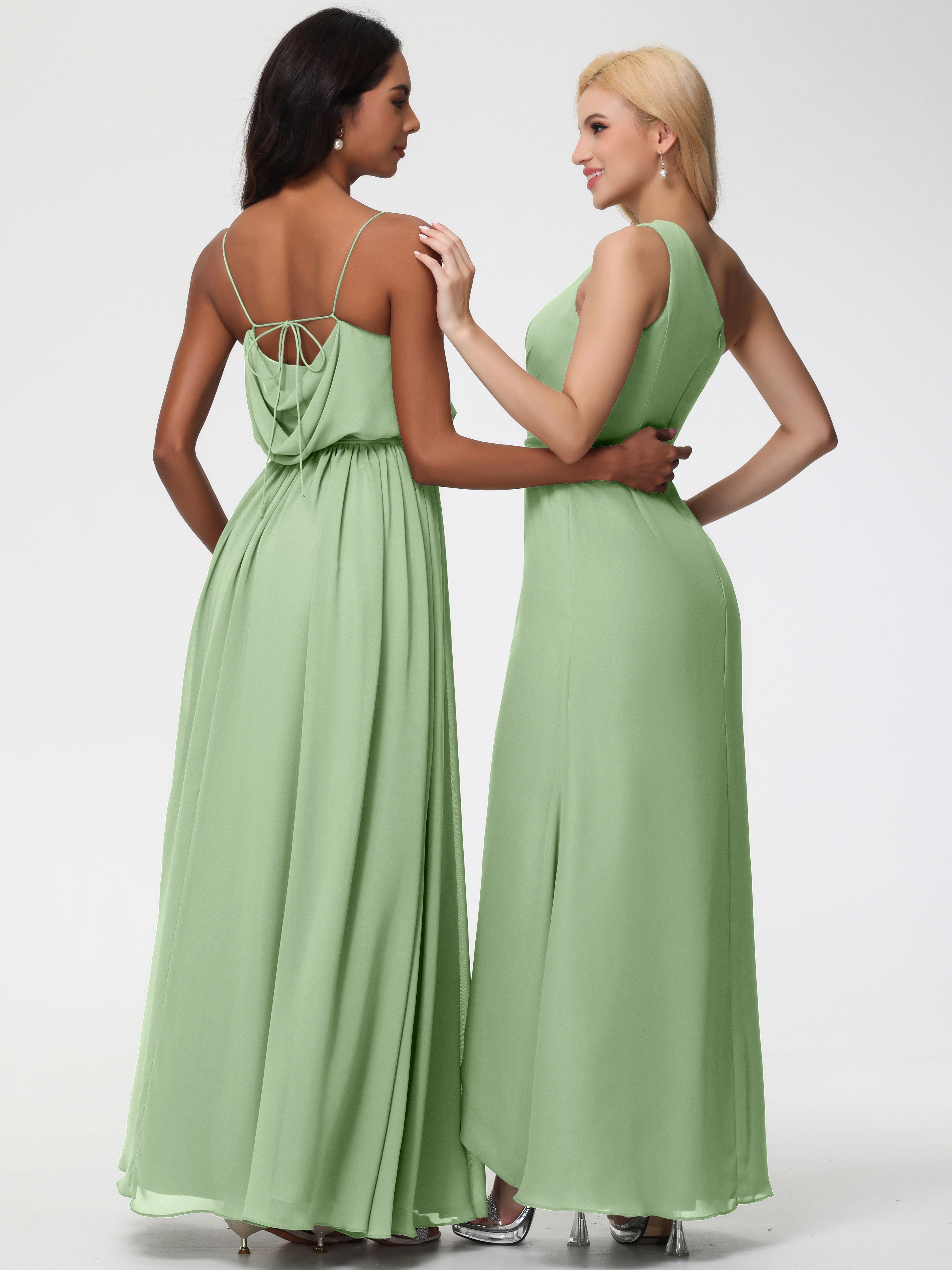 A-Line Cowl Spaghetti Straps Sleeveless Long Split Chiffon Bridesmaid Dresses