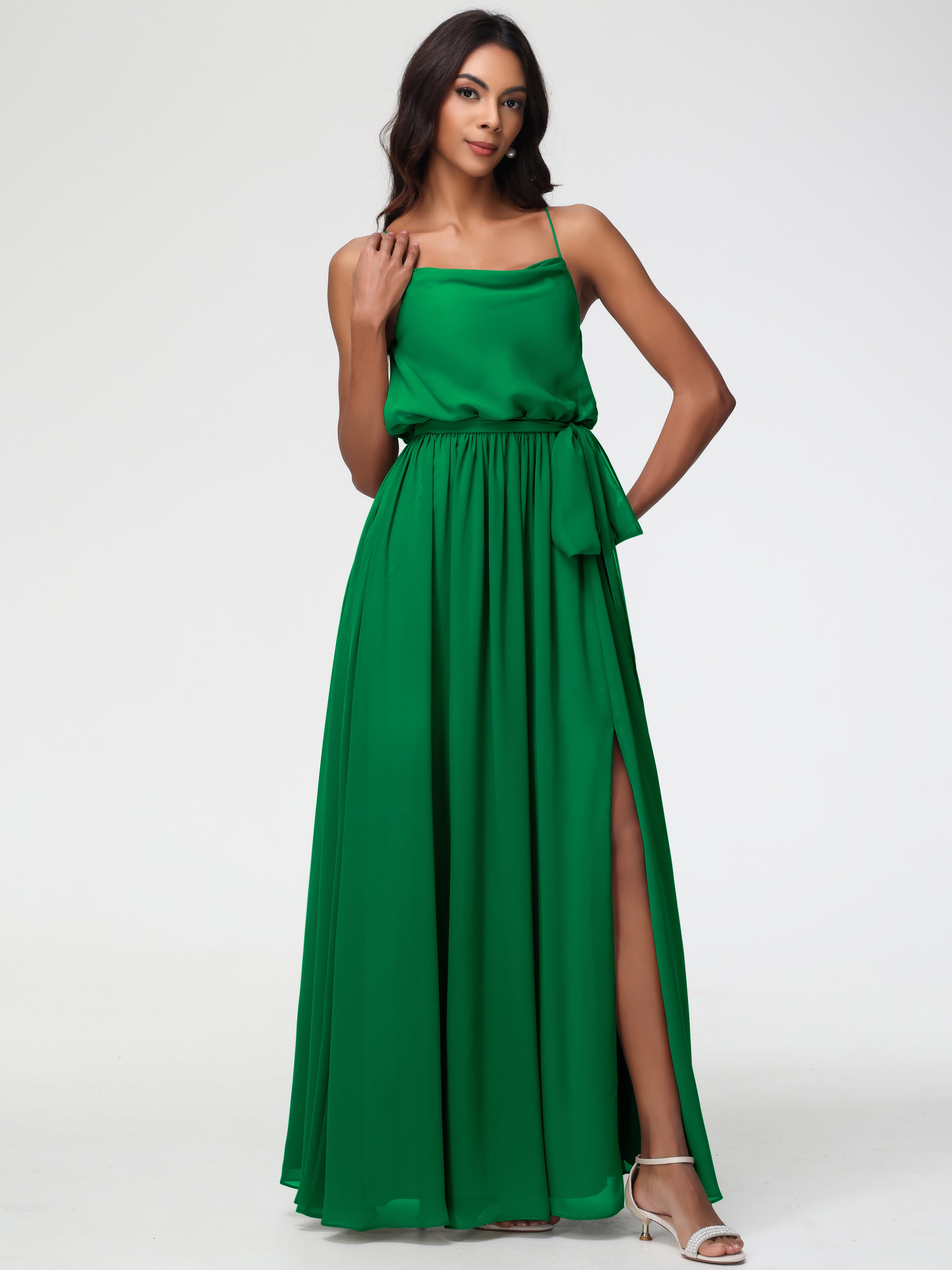A-Line Cowl Spaghetti Straps Sleeveless Long Split Chiffon Bridesmaid Dresses