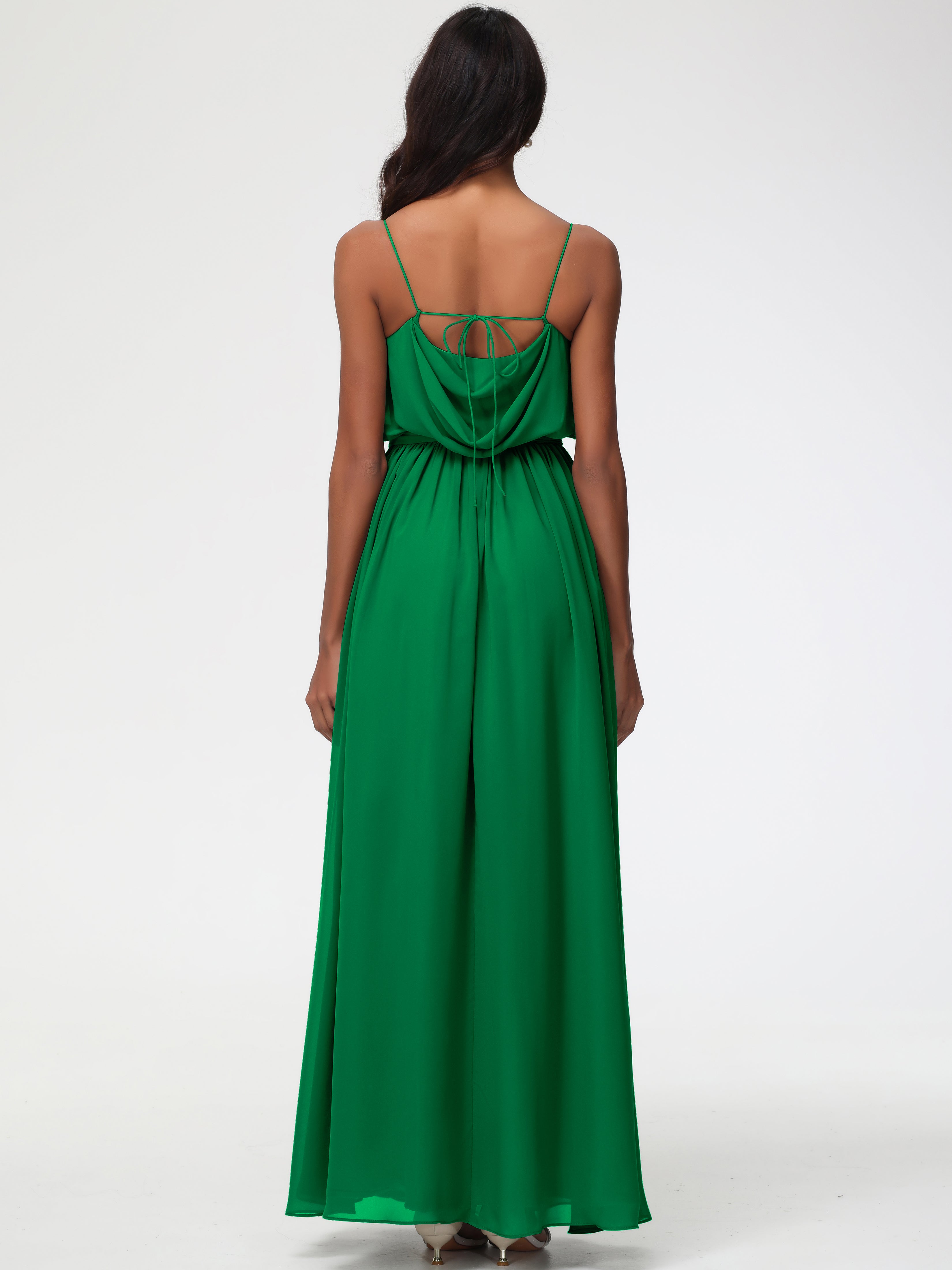 A-Line Cowl Spaghetti Straps Sleeveless Long Split Chiffon Bridesmaid Dresses