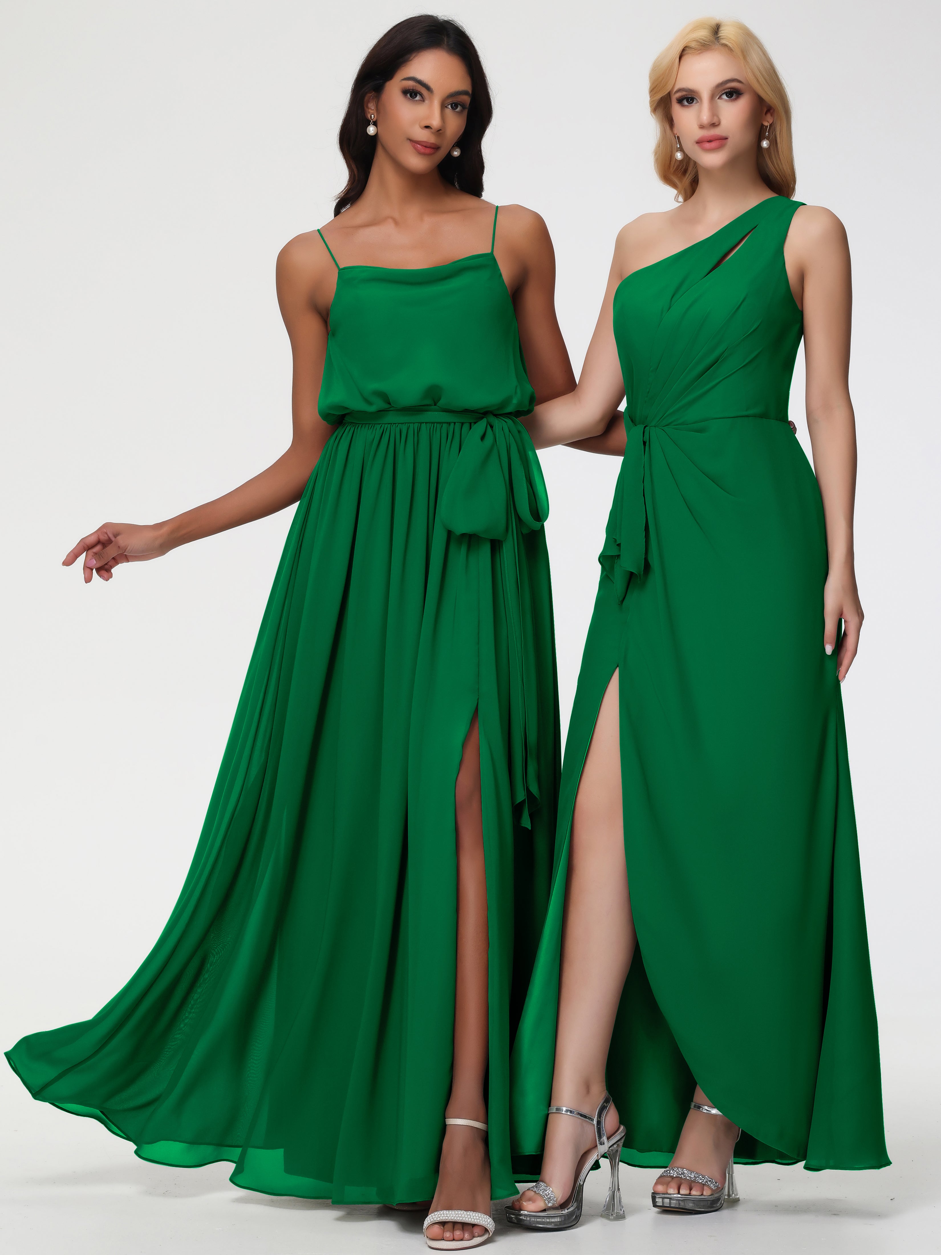 A-Line Cowl Spaghetti Straps Sleeveless Long Split Chiffon Bridesmaid Dresses