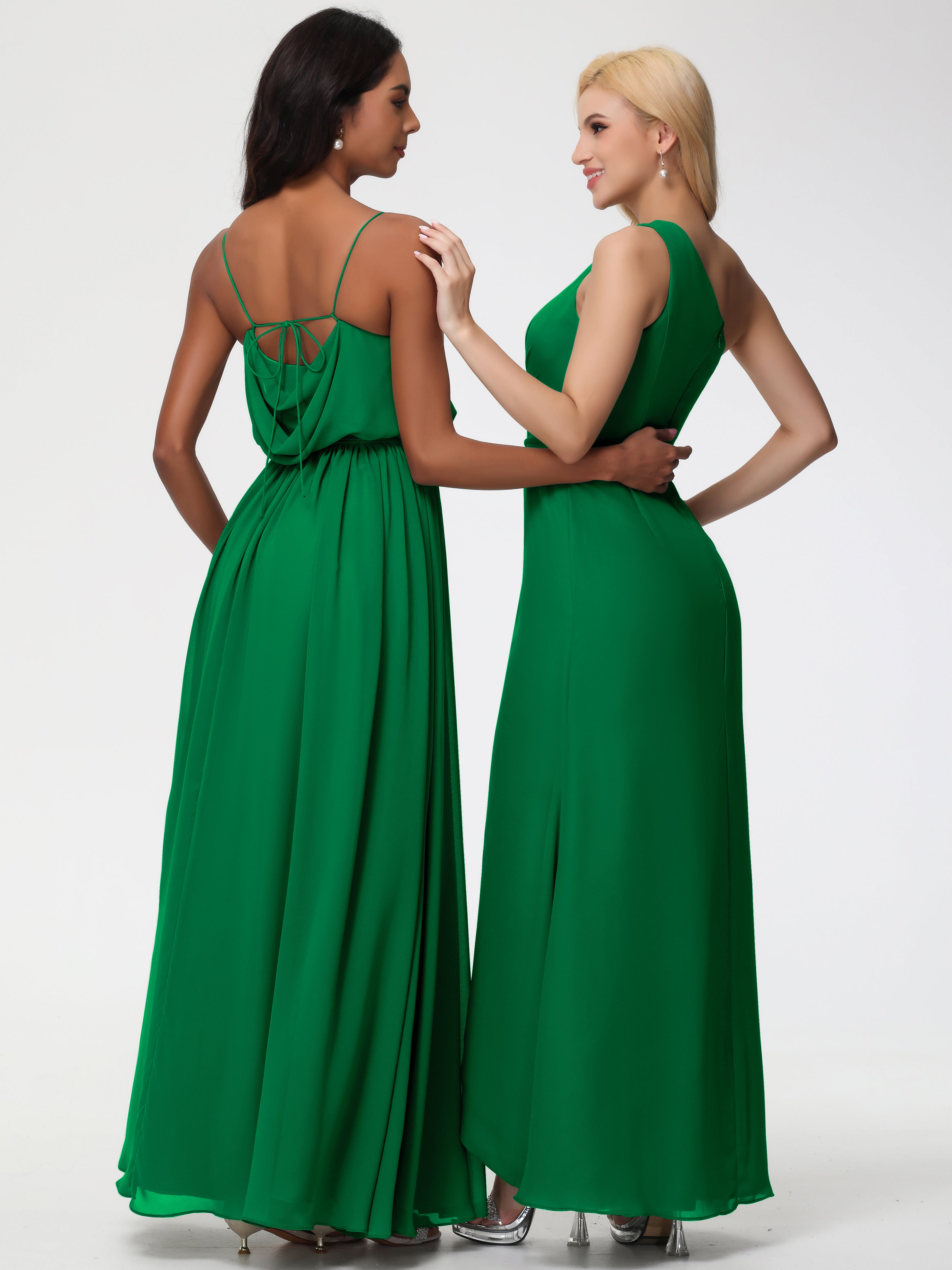 A-Line Cowl Spaghetti Straps Sleeveless Long Split Chiffon Bridesmaid Dresses