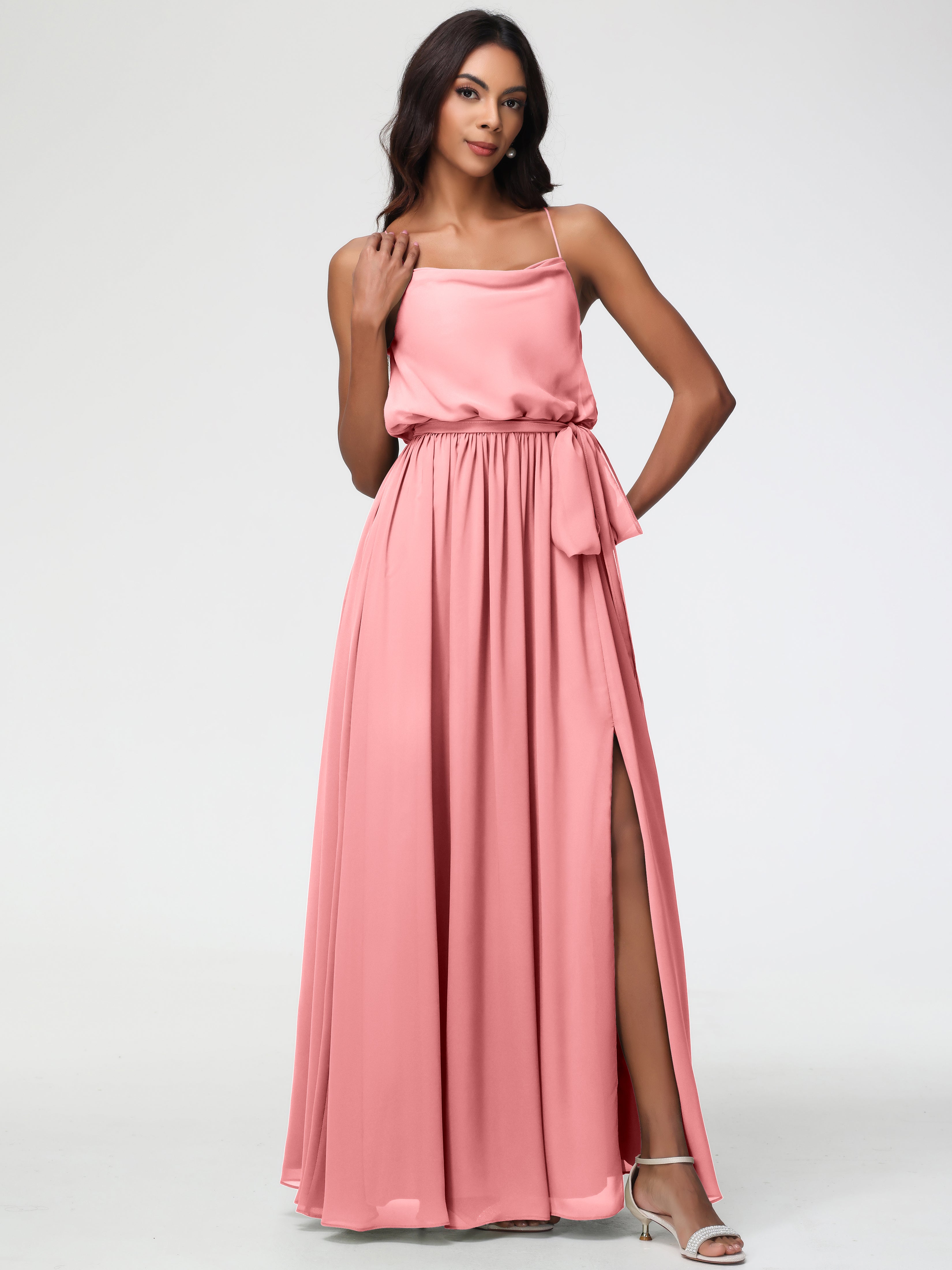A-Line Cowl Spaghetti Straps Sleeveless Long Split Chiffon Bridesmaid Dresses