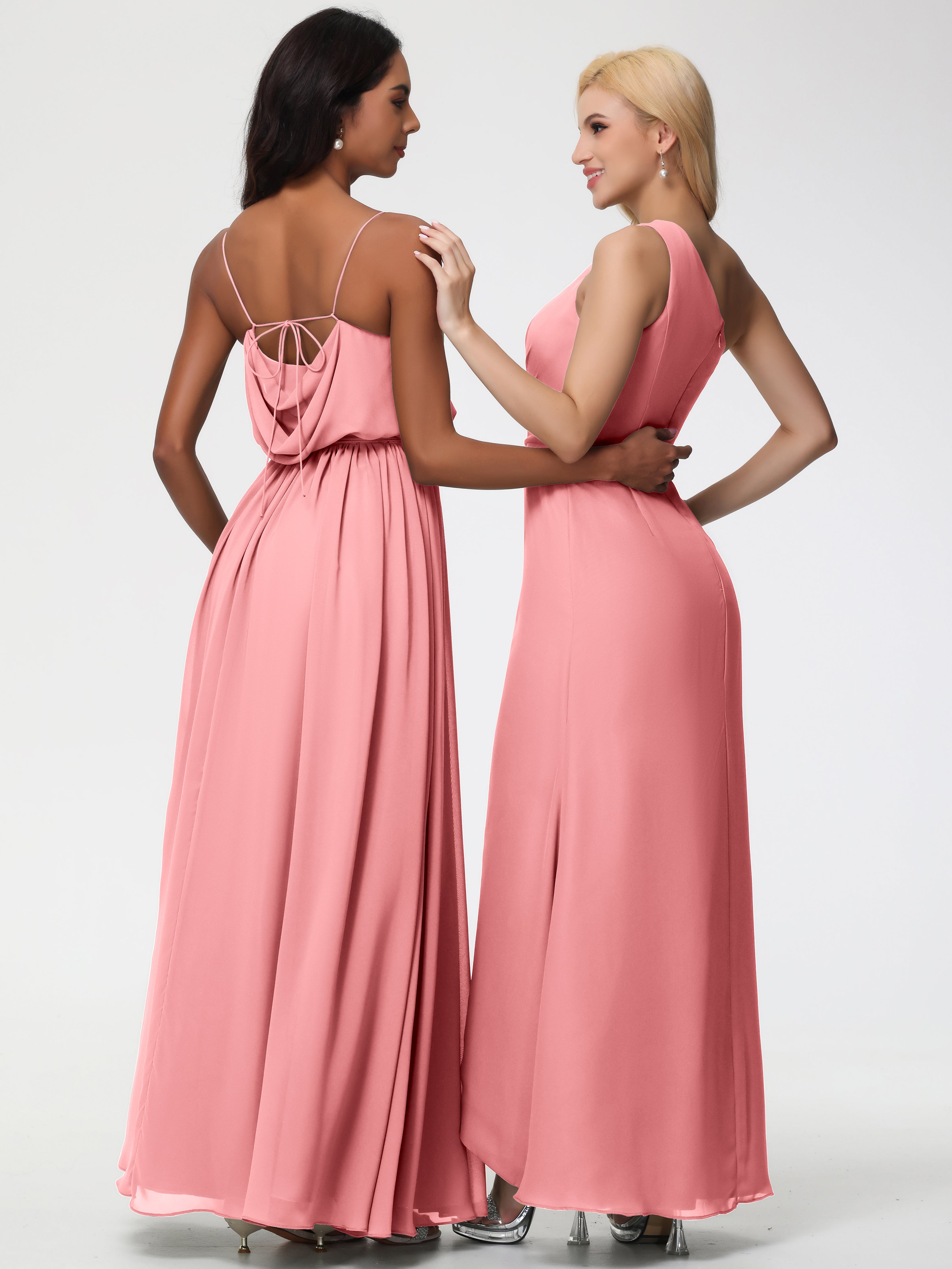 A-Line Cowl Spaghetti Straps Sleeveless Long Split Chiffon Bridesmaid Dresses