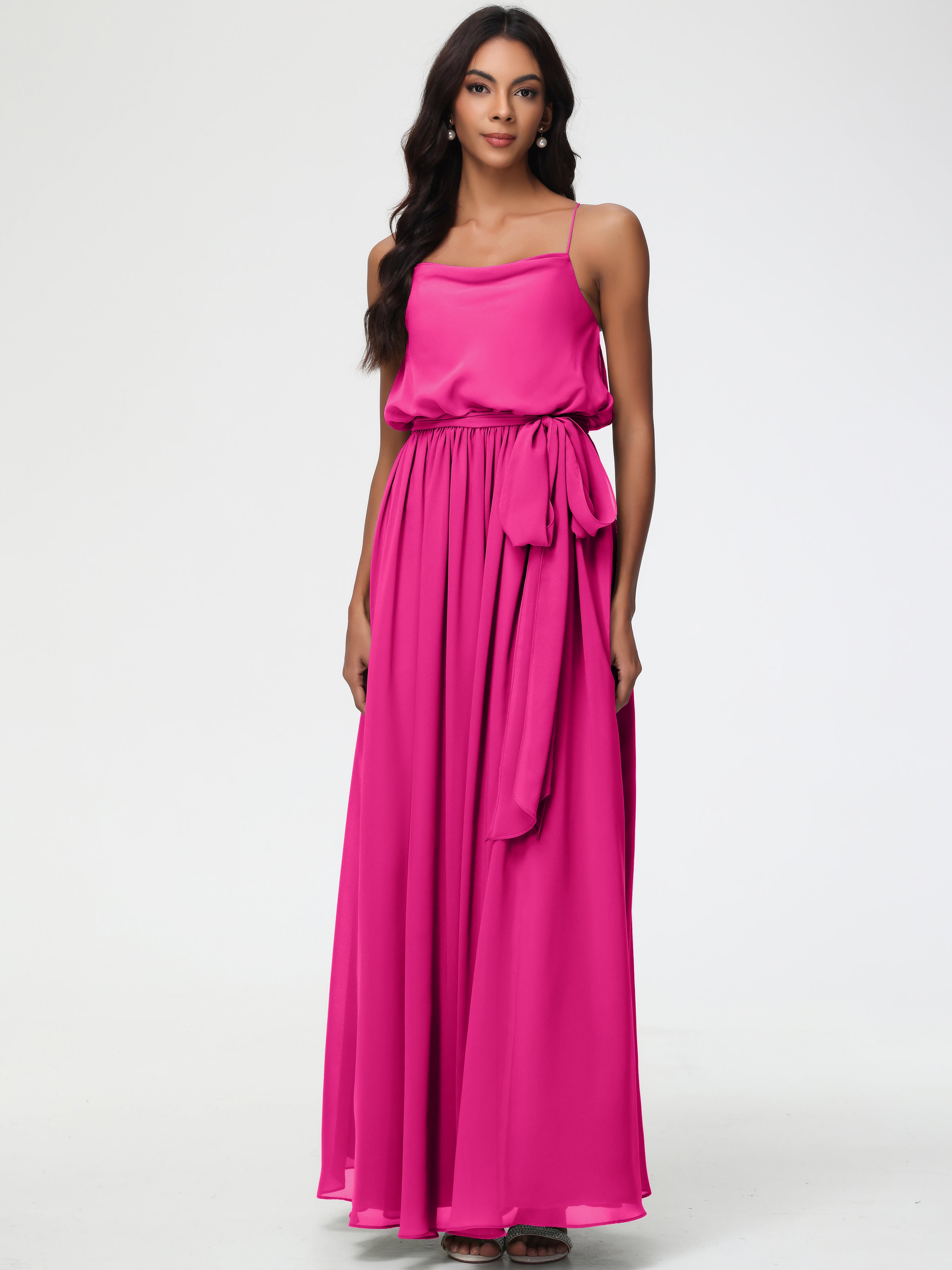 A-Line Cowl Spaghetti Straps Sleeveless Long Split Chiffon Bridesmaid Dresses
