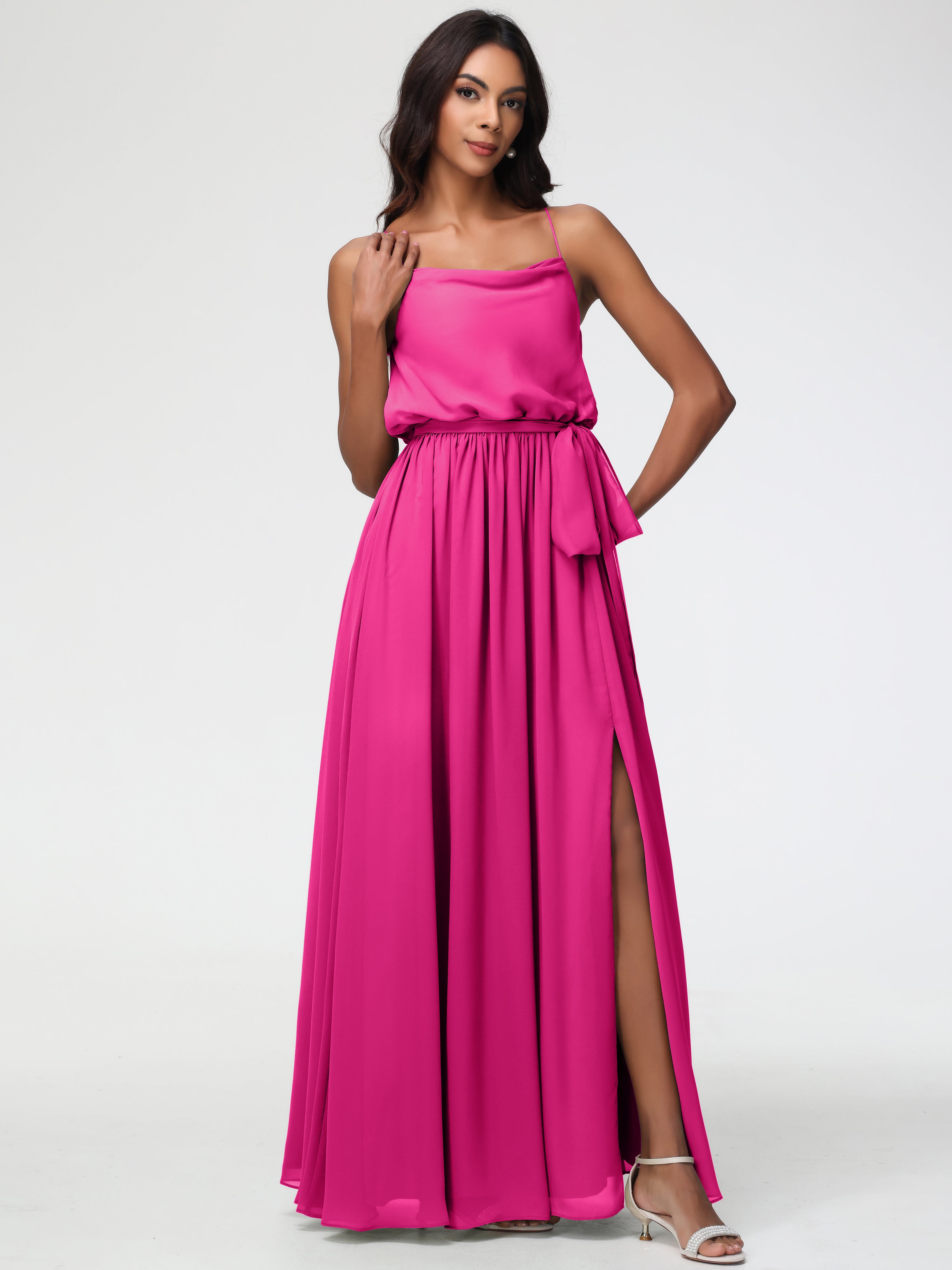 A-Line Cowl Spaghetti Straps Sleeveless Long Split Chiffon Bridesmaid Dresses
