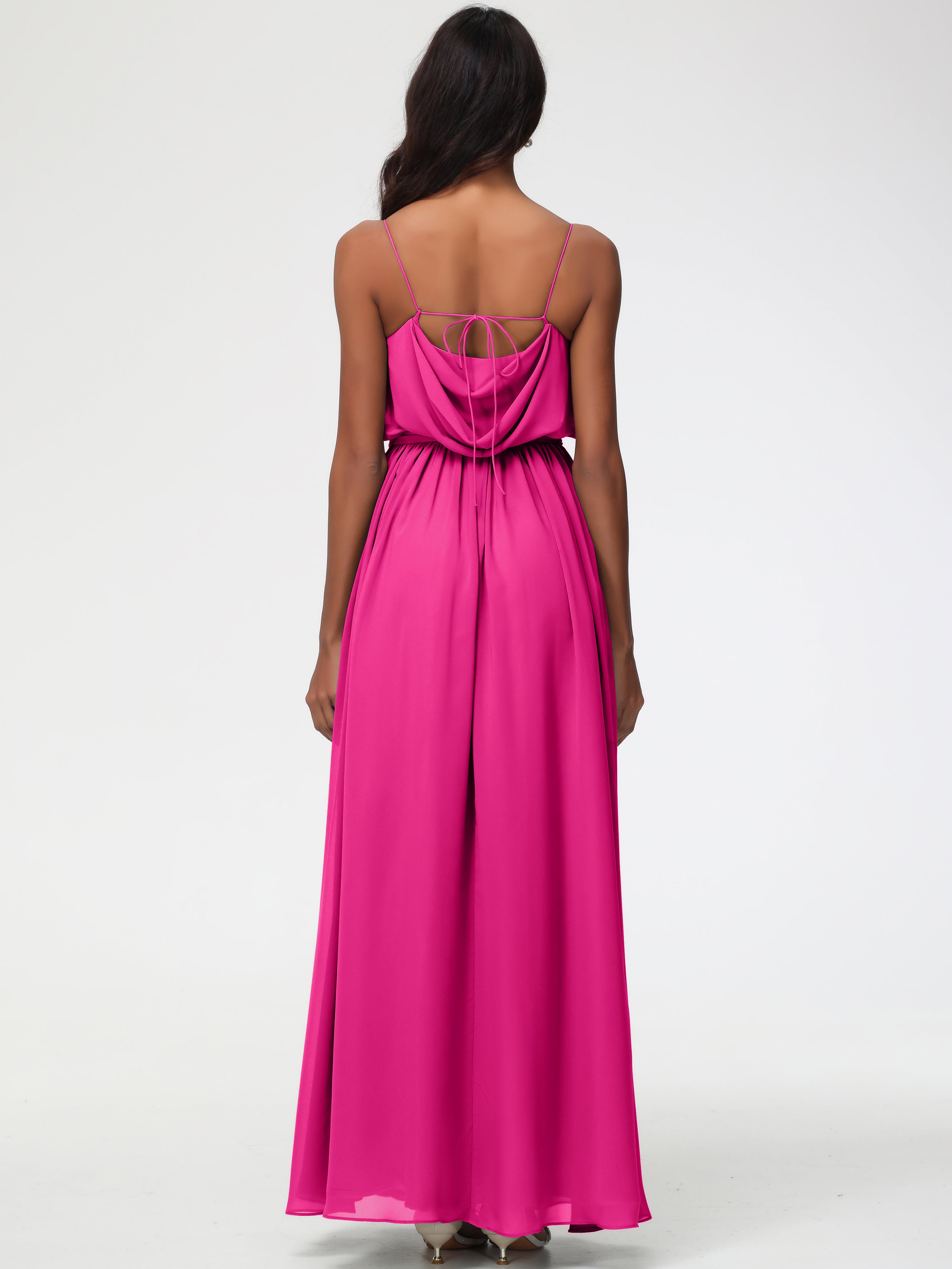 A-Line Cowl Spaghetti Straps Sleeveless Long Split Chiffon Bridesmaid Dresses