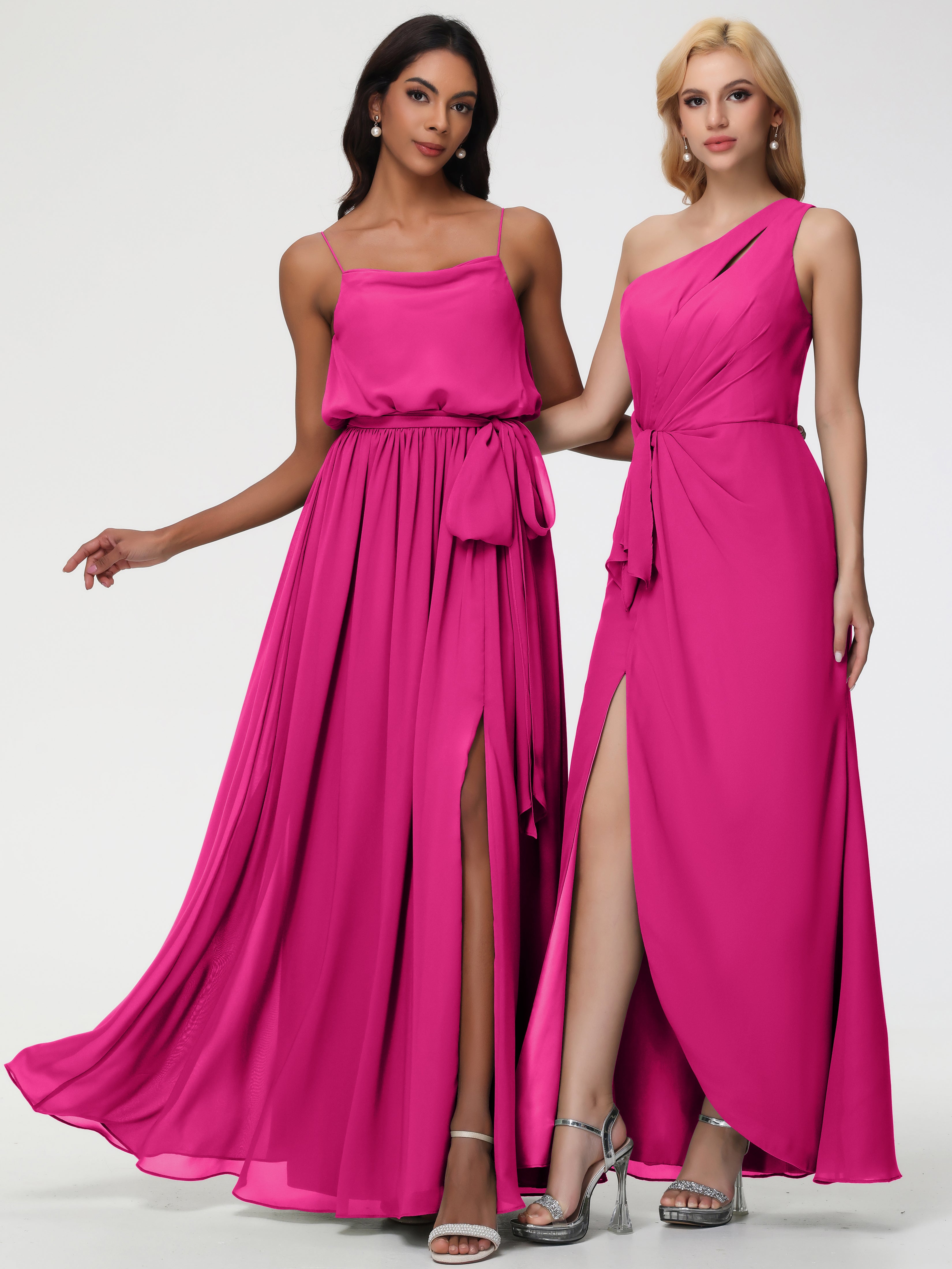 A-Line Cowl Spaghetti Straps Sleeveless Long Split Chiffon Bridesmaid Dresses