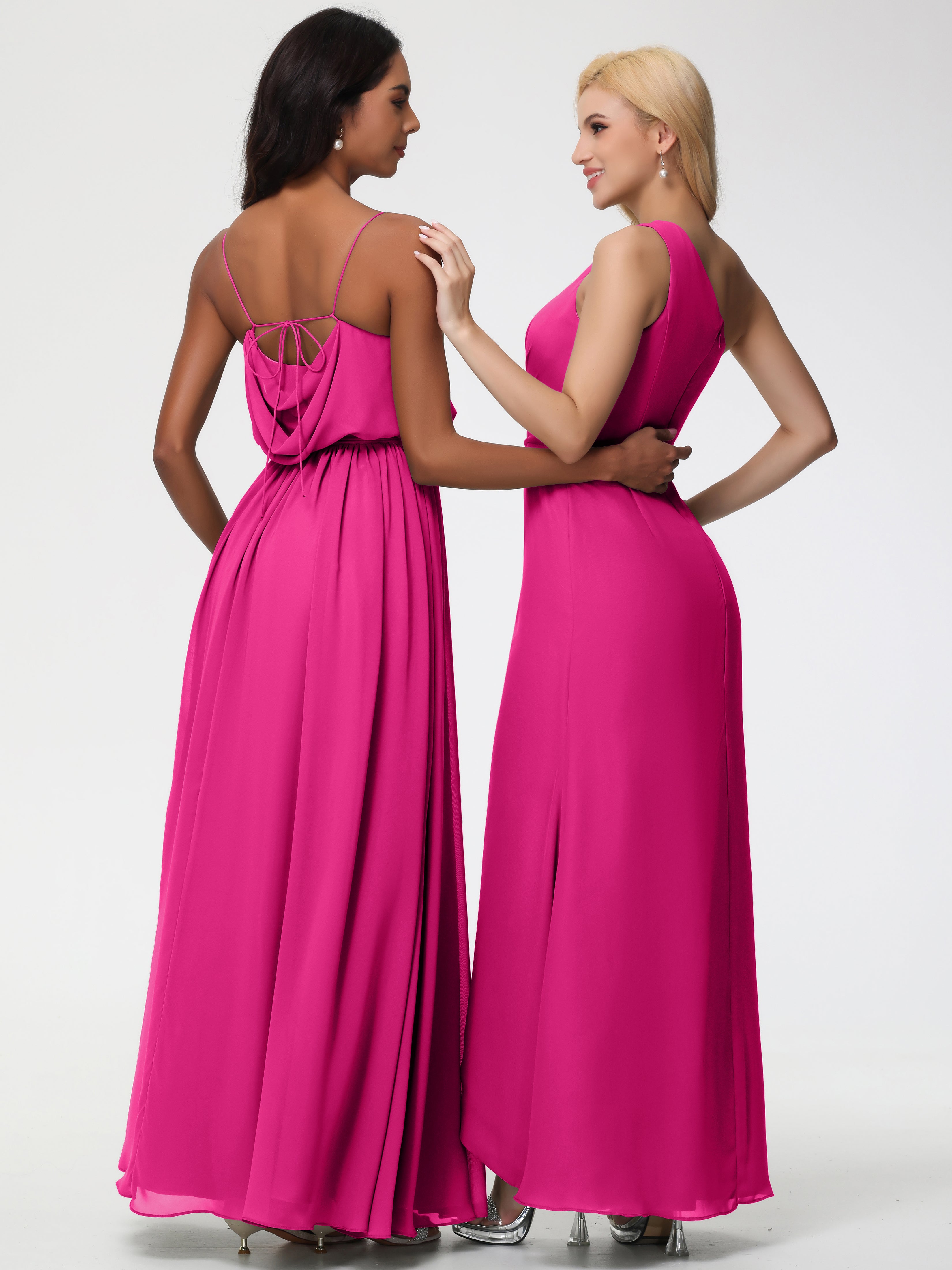 A-Line Cowl Spaghetti Straps Sleeveless Long Split Chiffon Bridesmaid Dresses
