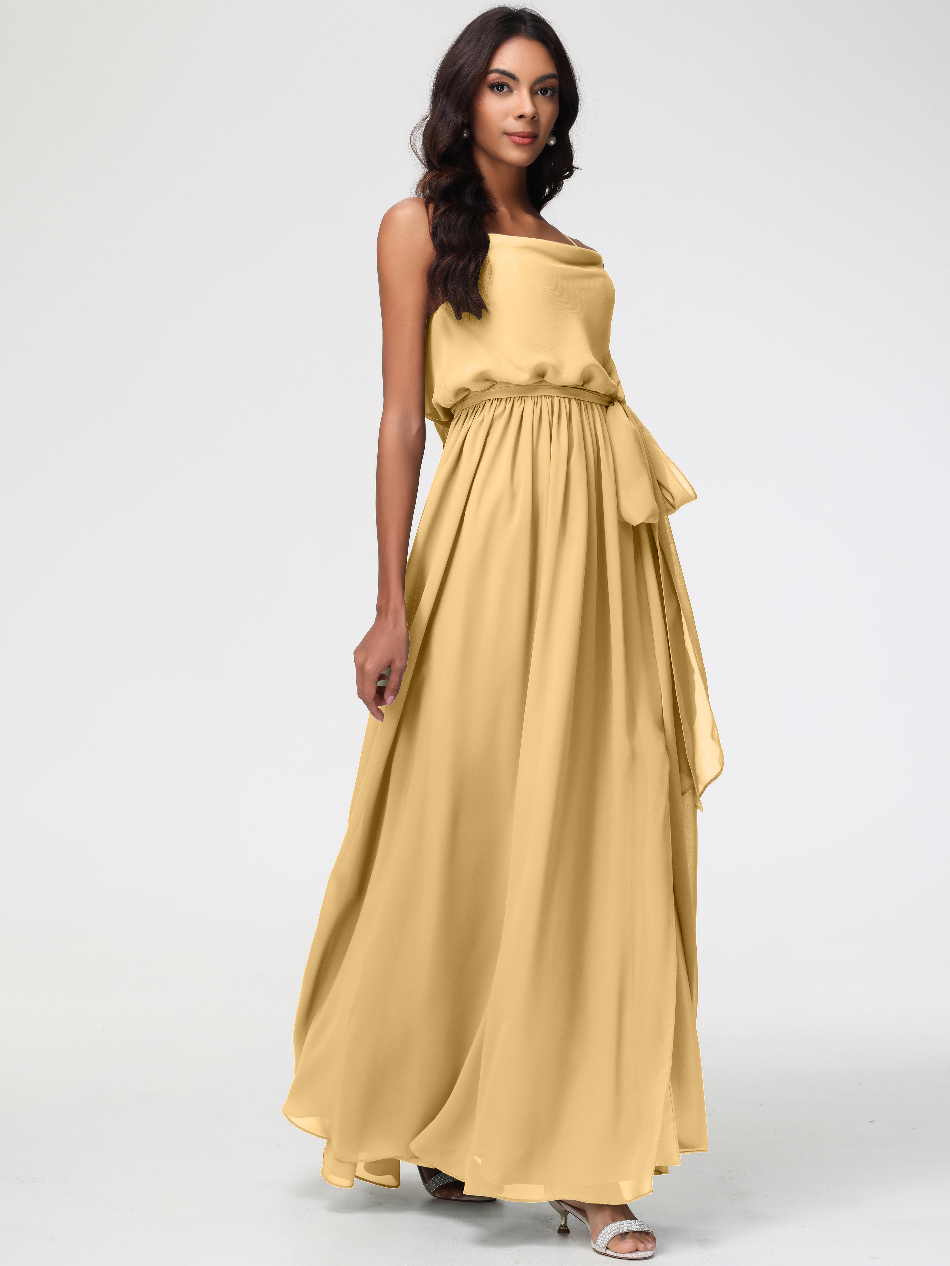 A-Line Cowl Spaghetti Straps Sleeveless Long Split Chiffon Bridesmaid Dresses