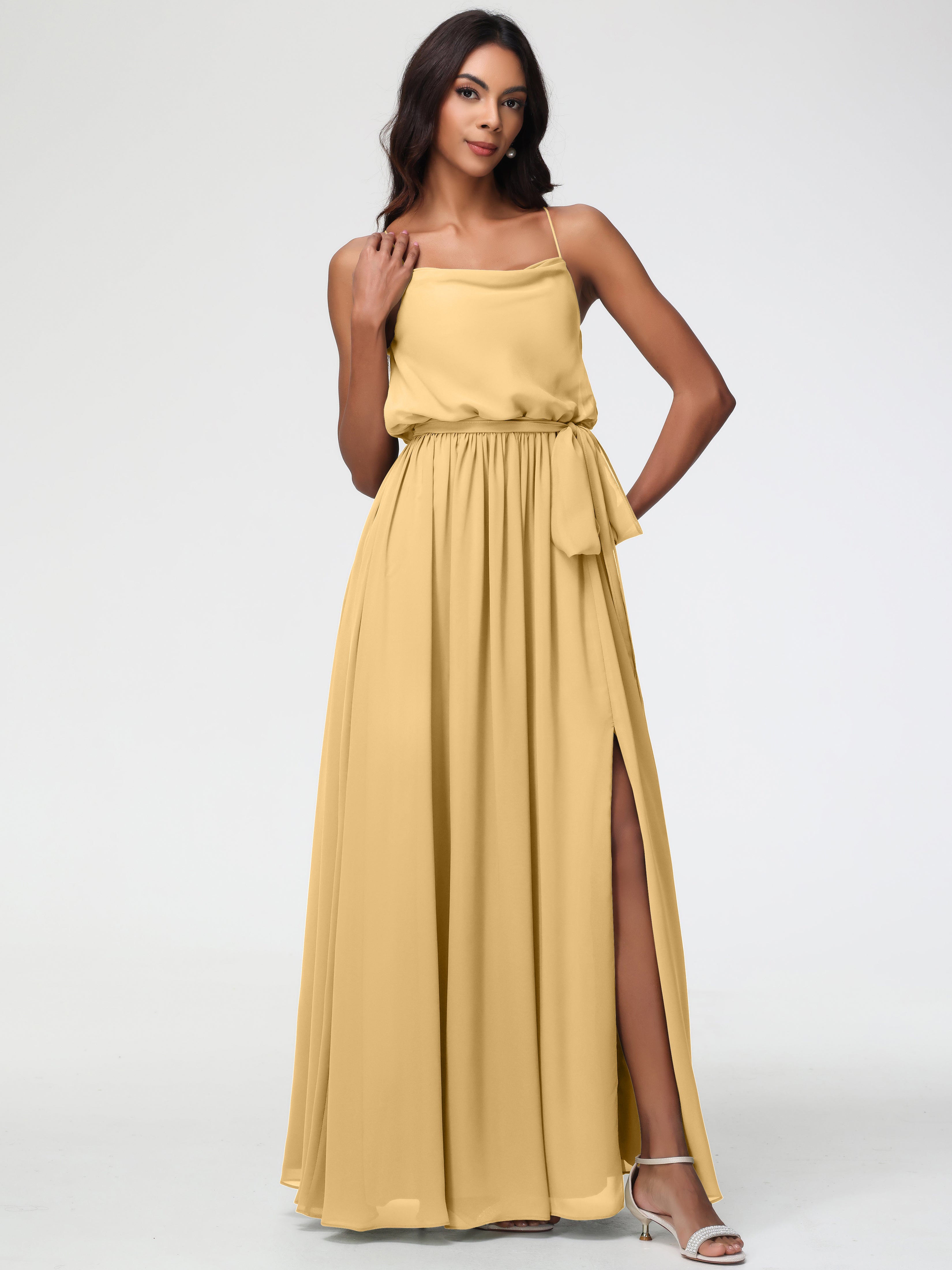 A-Line Cowl Spaghetti Straps Sleeveless Long Split Chiffon Bridesmaid Dresses