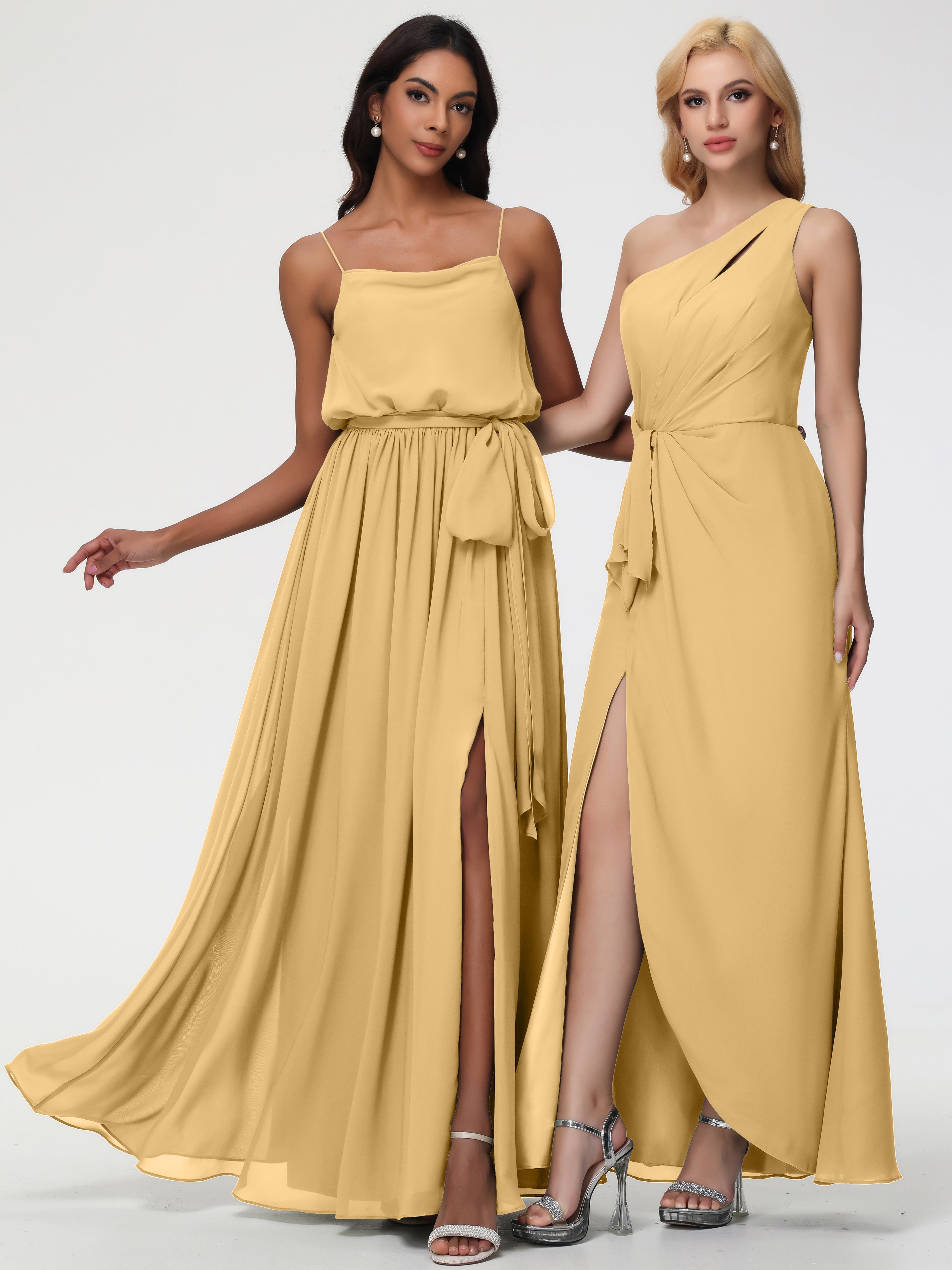 A-Line Cowl Spaghetti Straps Sleeveless Long Split Chiffon Bridesmaid Dresses