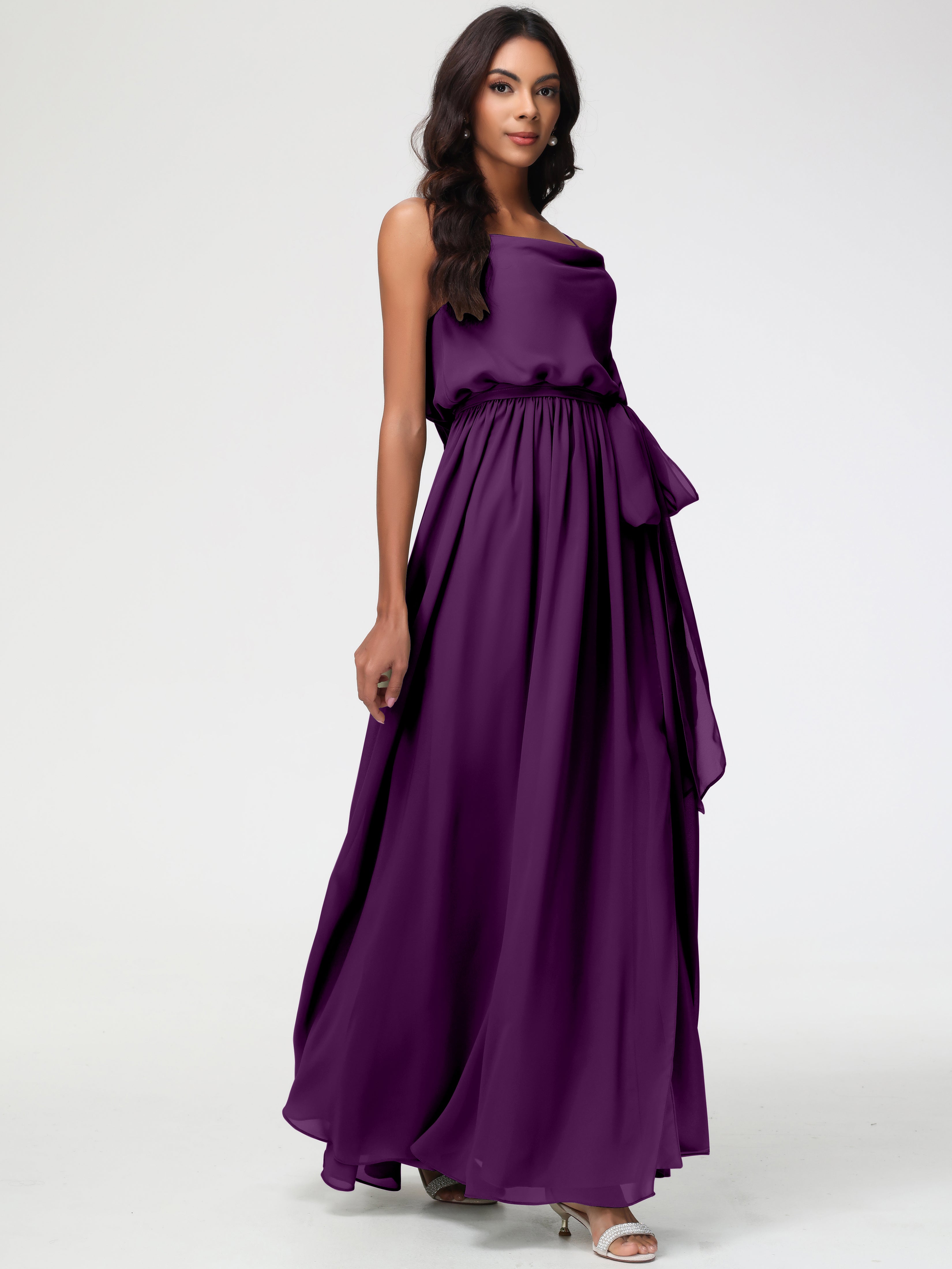 A-Line Cowl Spaghetti Straps Sleeveless Long Split Chiffon Bridesmaid Dresses