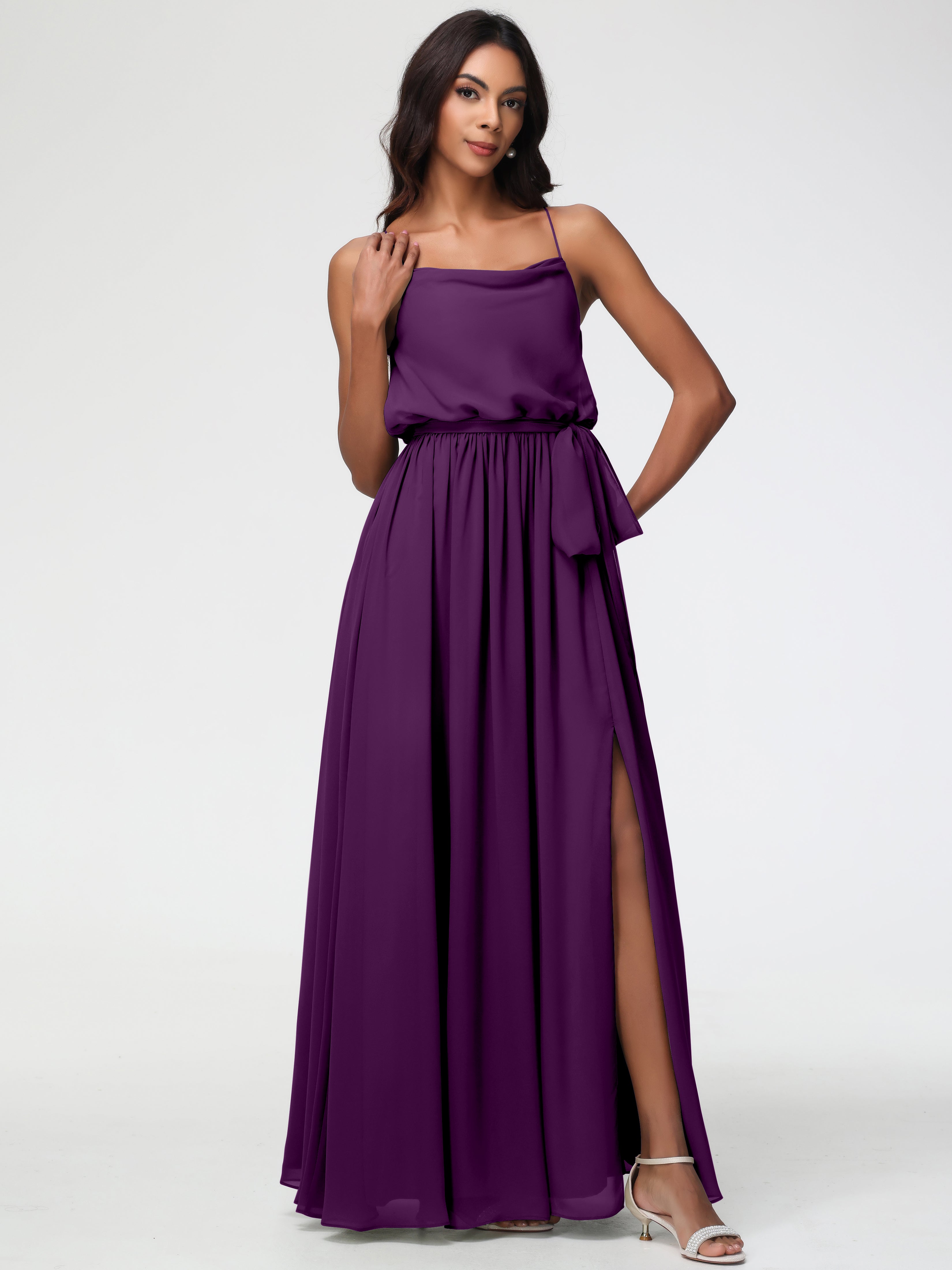 A-Line Cowl Spaghetti Straps Sleeveless Long Split Chiffon Bridesmaid Dresses