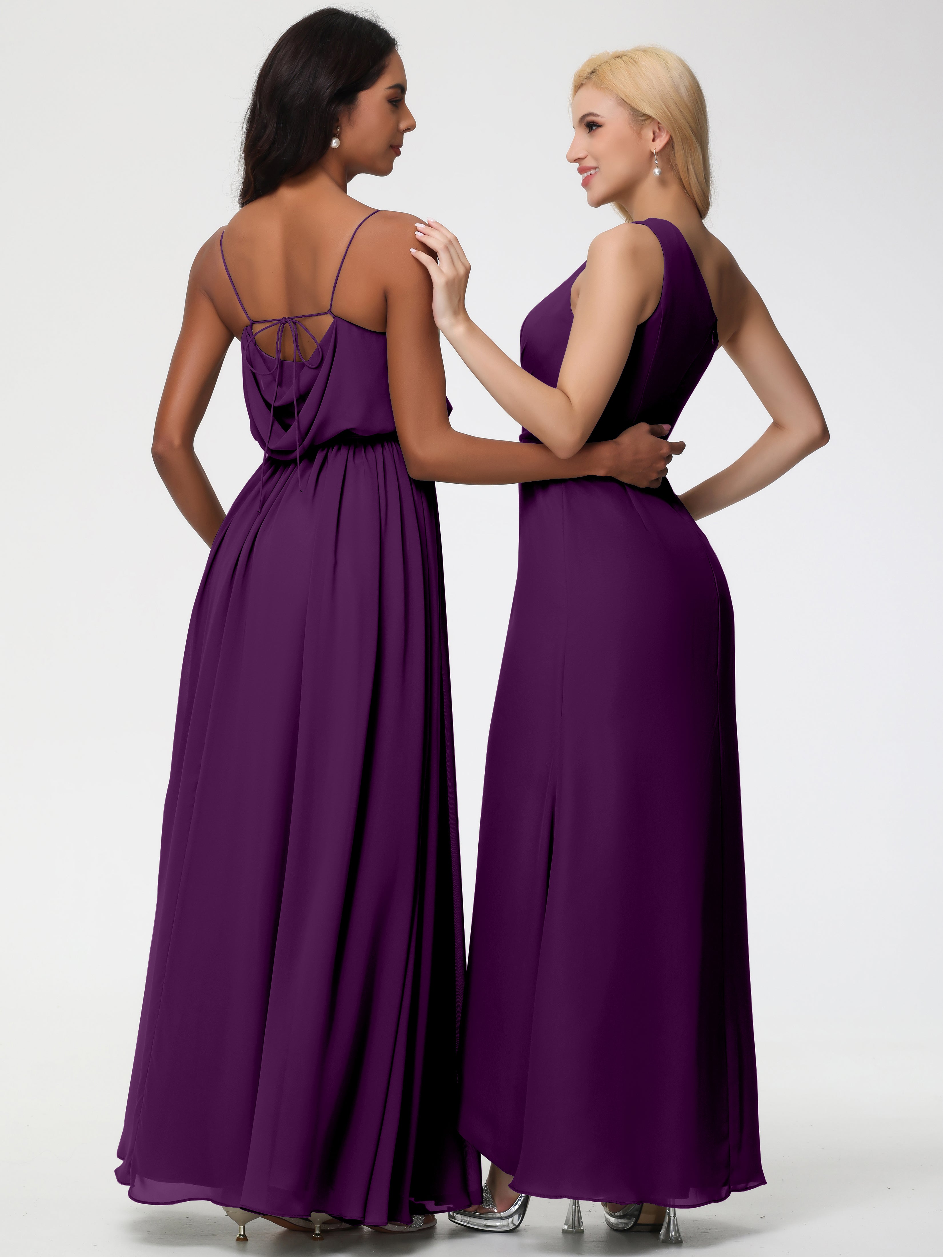 A-Line Cowl Spaghetti Straps Sleeveless Long Split Chiffon Bridesmaid Dresses